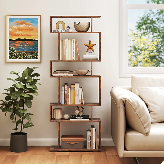 Costway 6-tier Storage Bookshelf S-shaped Geometric Bookcase with Anti-toppling Kits Orange