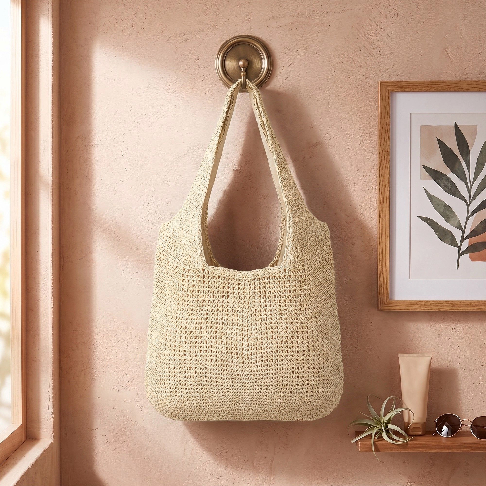 Alilang Women's Woven Crochet Hobo Bag with Integrated Strap Slouchy Shoulder Handbag Lightweight Large Capacity Tote