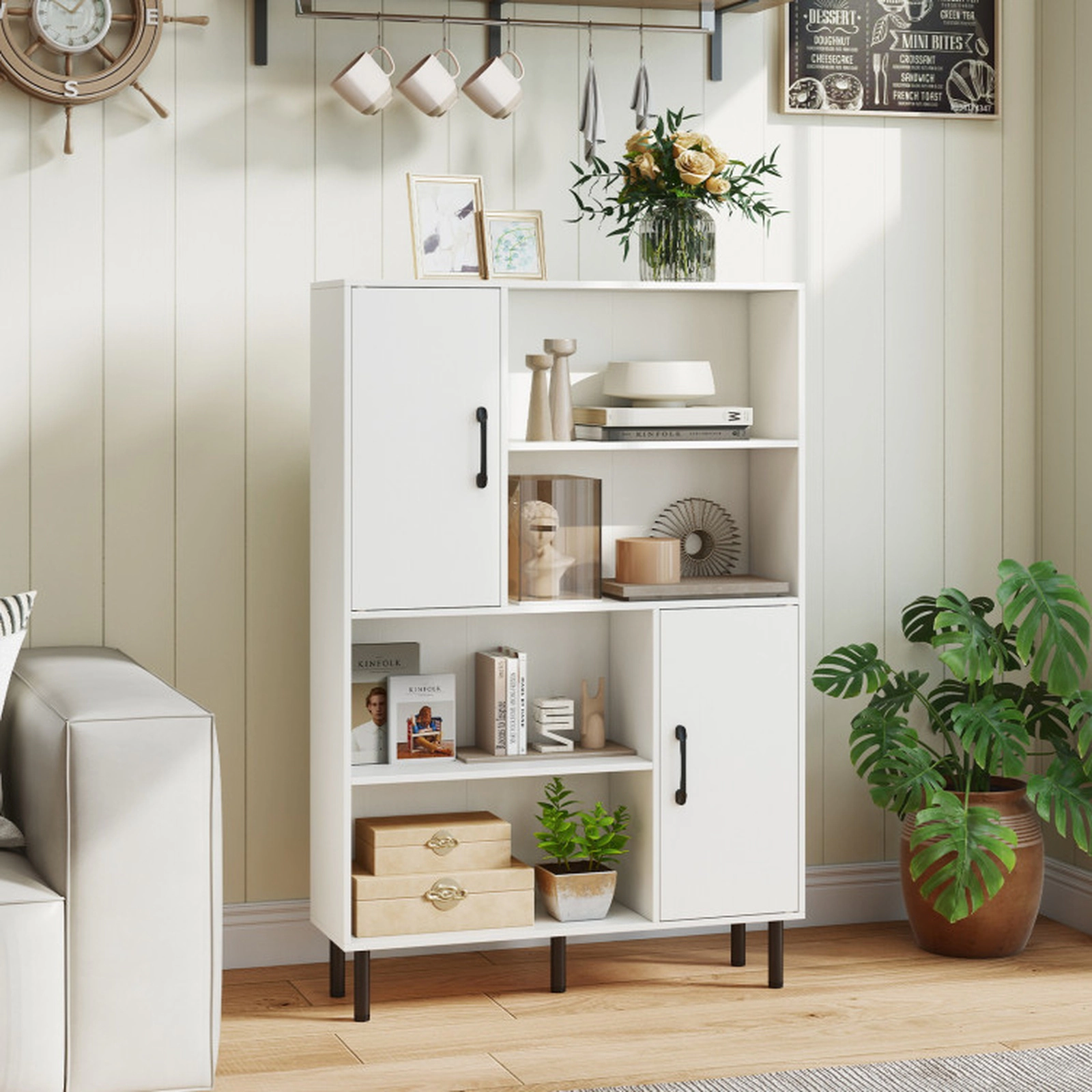 SUGIFT White 47-in Narrow Freestanding Bookshelf with 2 Doors 4 Open Shelves and Metal Legs for Study