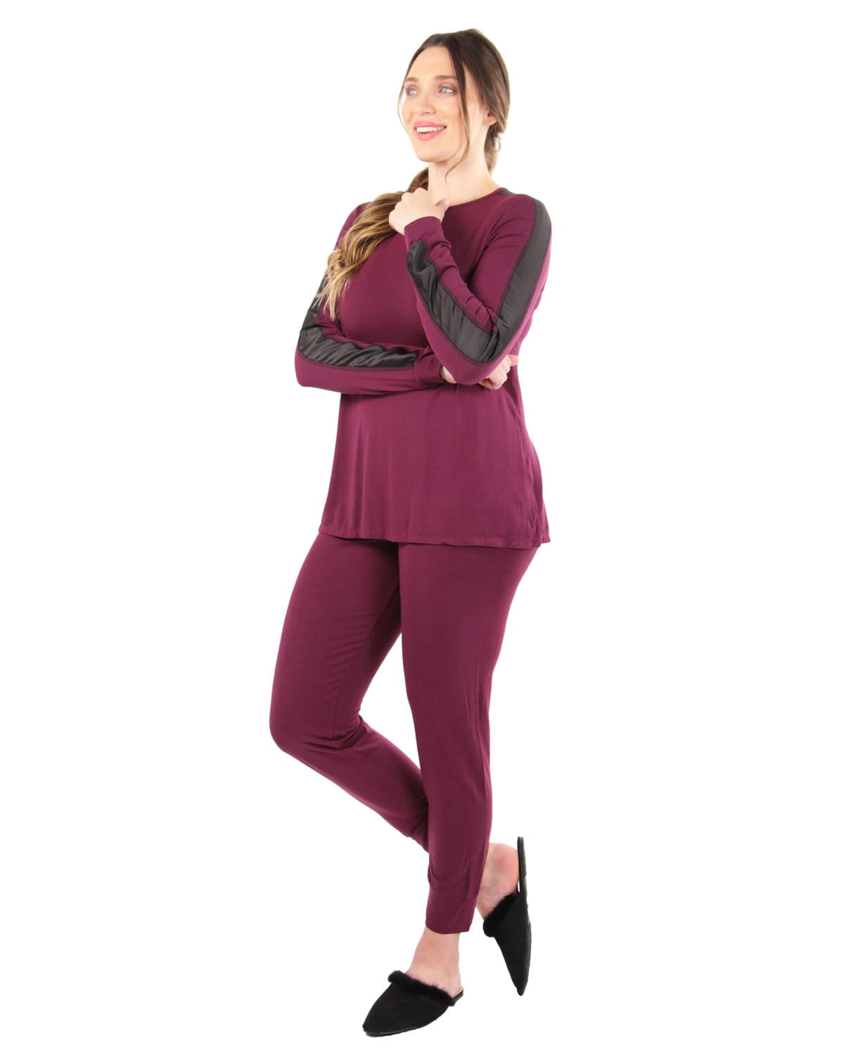 MeMoi Women's Satin Trim Long Sleeve Matching Pajama Set