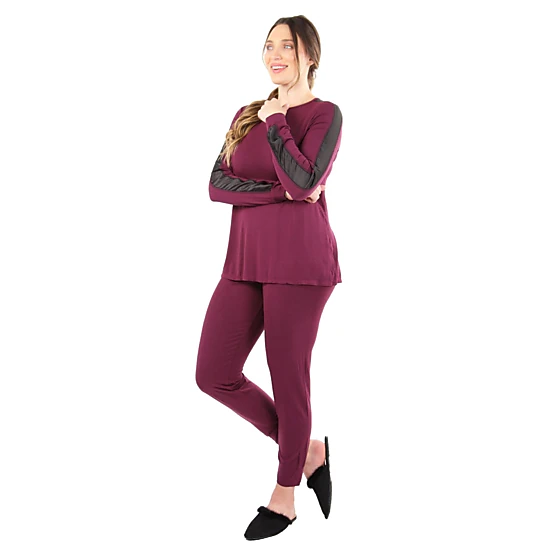 MeMoi Women's Satin Trim Long Sleeve Matching Pajama Set