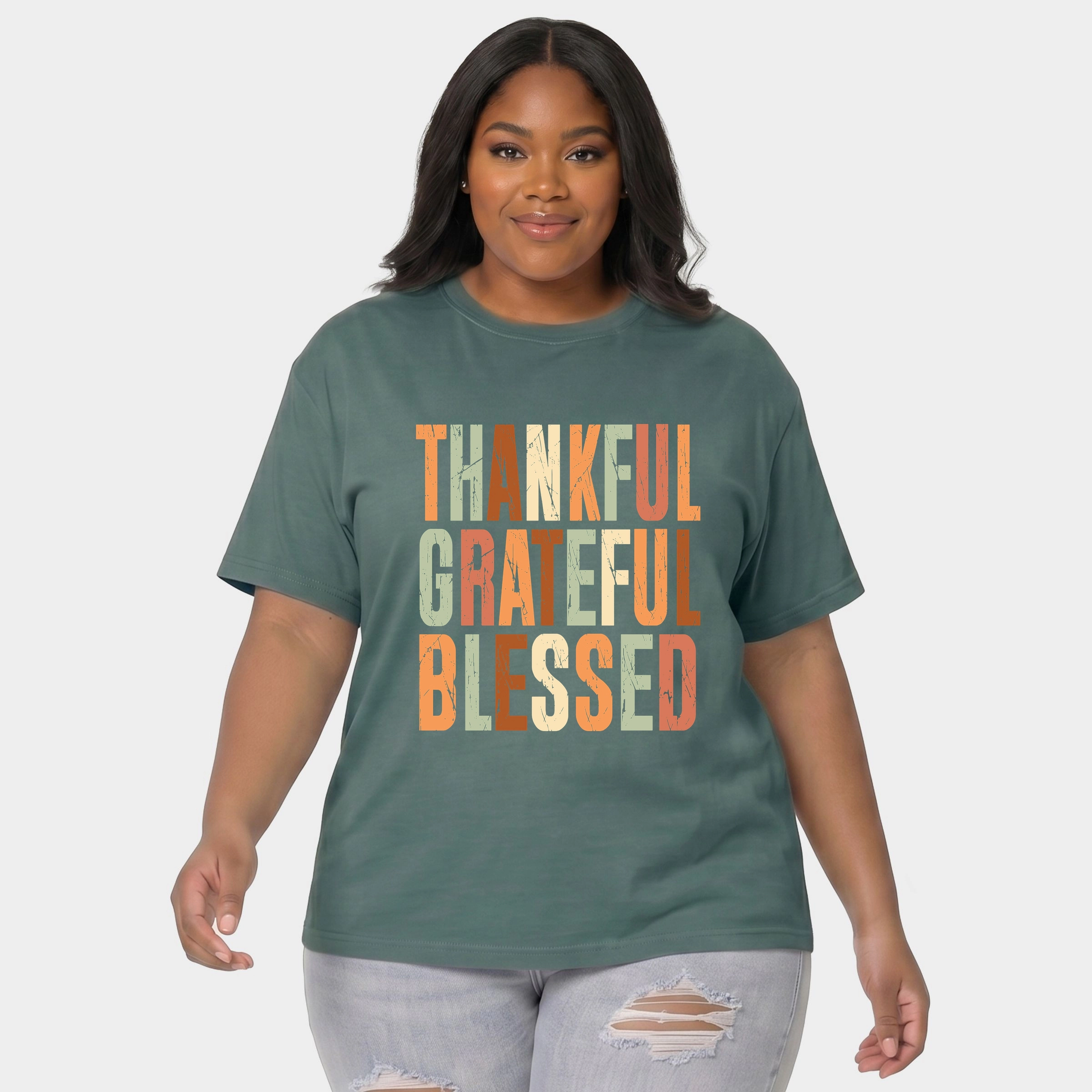 Simply Sage Market - Women's Plus Garment Dyed Tee Thankful Grateful Blessed Fall Colors