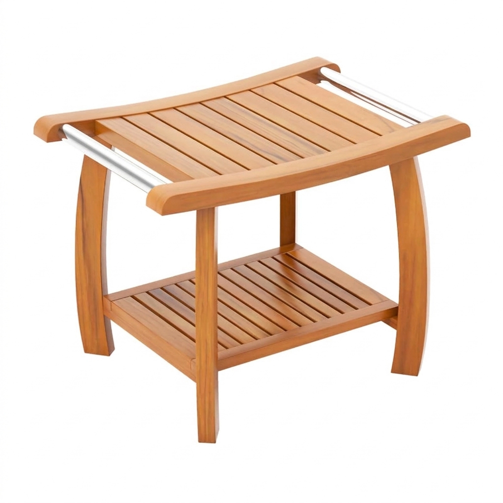 SUGIFT 24.5-Inch 2-Tier Teak Shower Bench, 350-Lb Capacity, Curved Legs