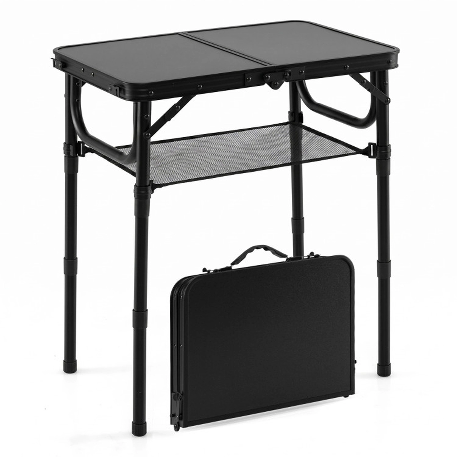 SUGIFT 3-Height Folding Camping Table with Large Storage Net & Handle 110-lb Capacity Black
