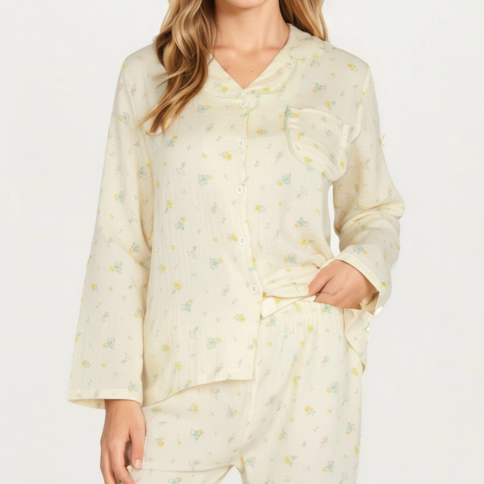 Anna-Kaci Women's 2-Piece Button Front Pajama Top with Ruffled Collar and Relaxed Fit Pants