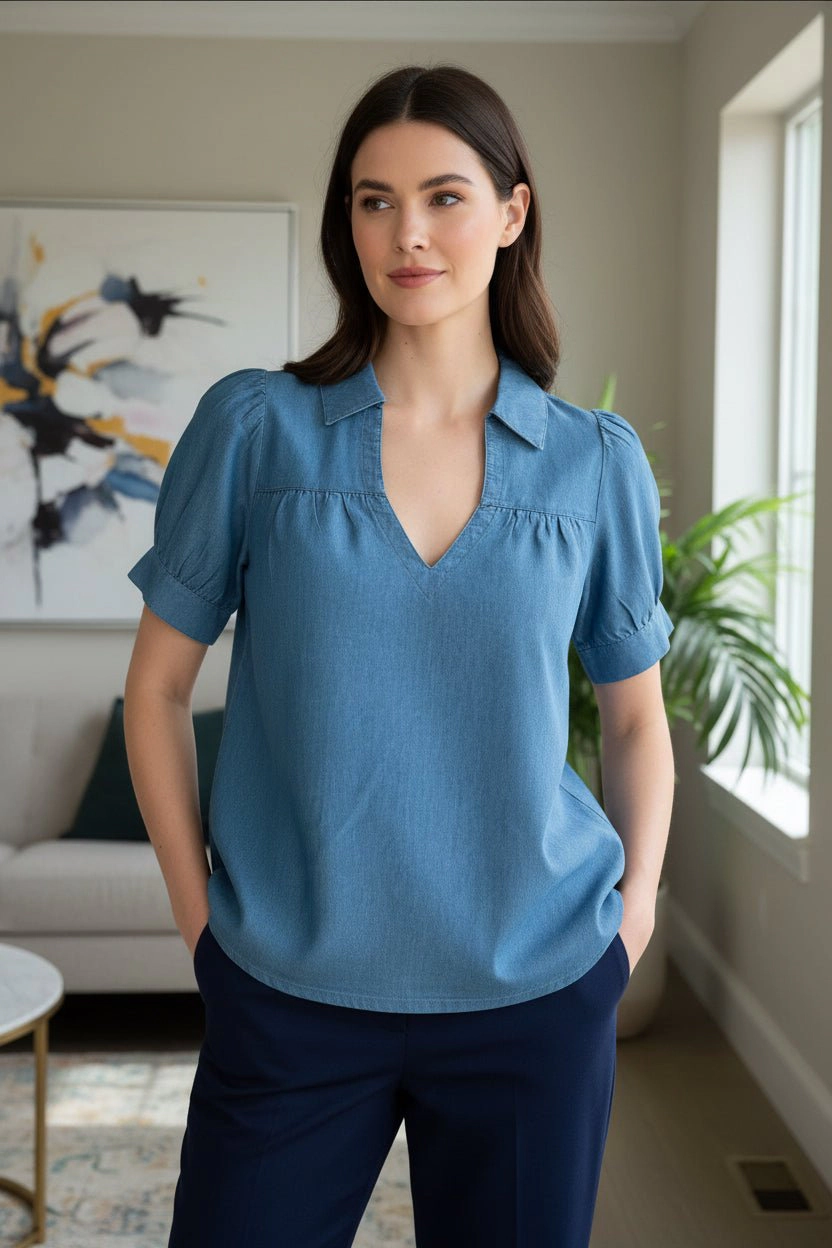 DressAtR Women's Blue Denim Puff Sleeve Deep V Neck Collared Blouse