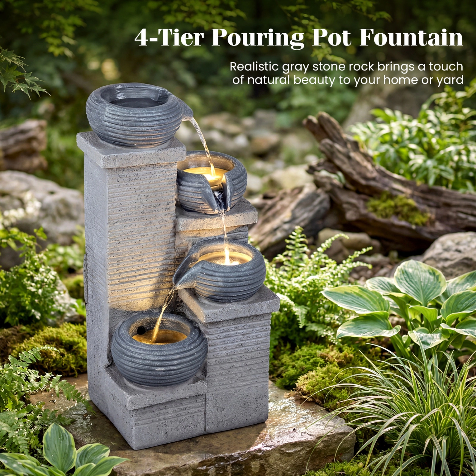 SUGIFT Gray 4-Tier 23-in Outdoor Water Fountain with LED Lights Cascading Bowl Waterfall in Resin
