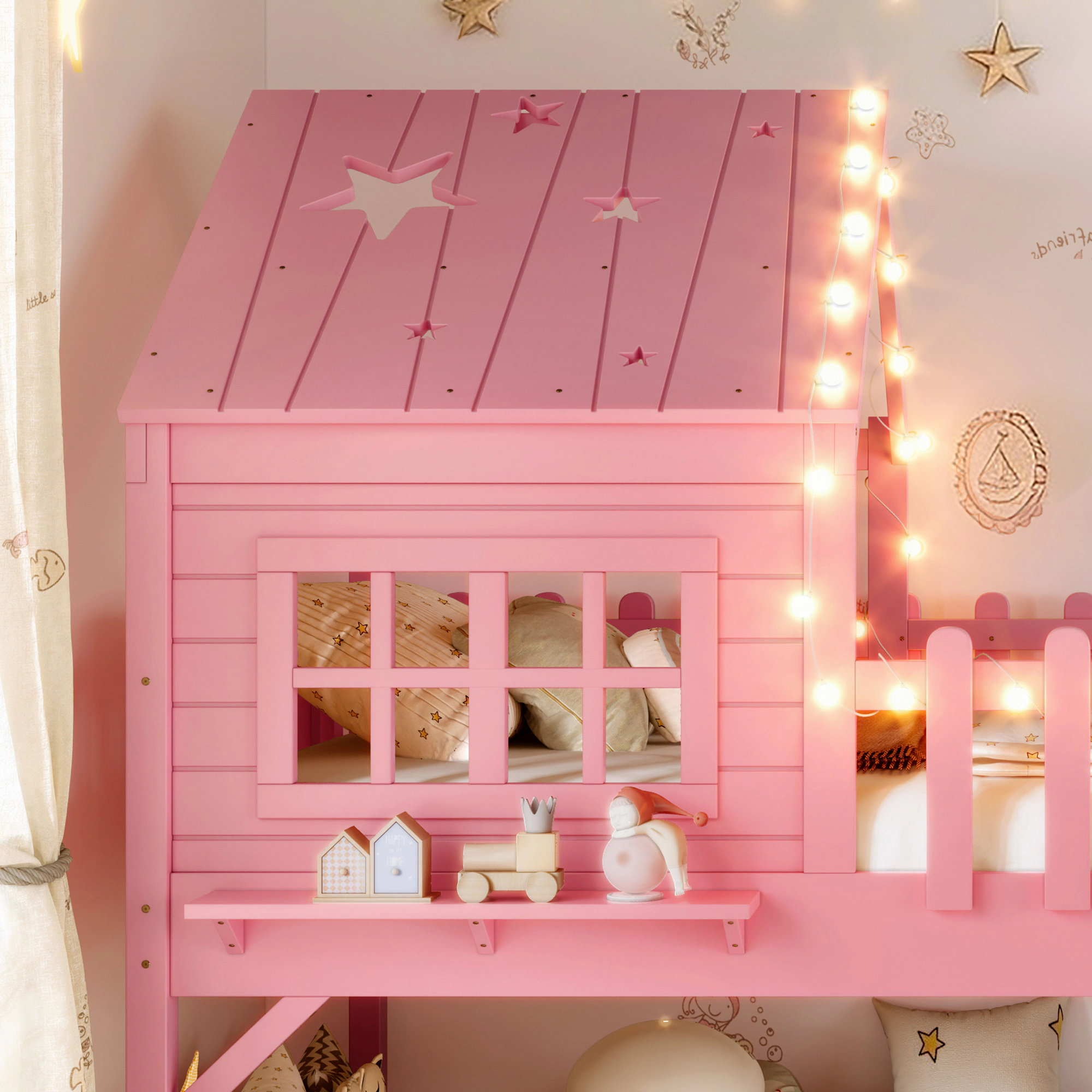 Flynama Twin House Loft Bed with Slide, LED Lights & Window, Pink Kids Playhouse