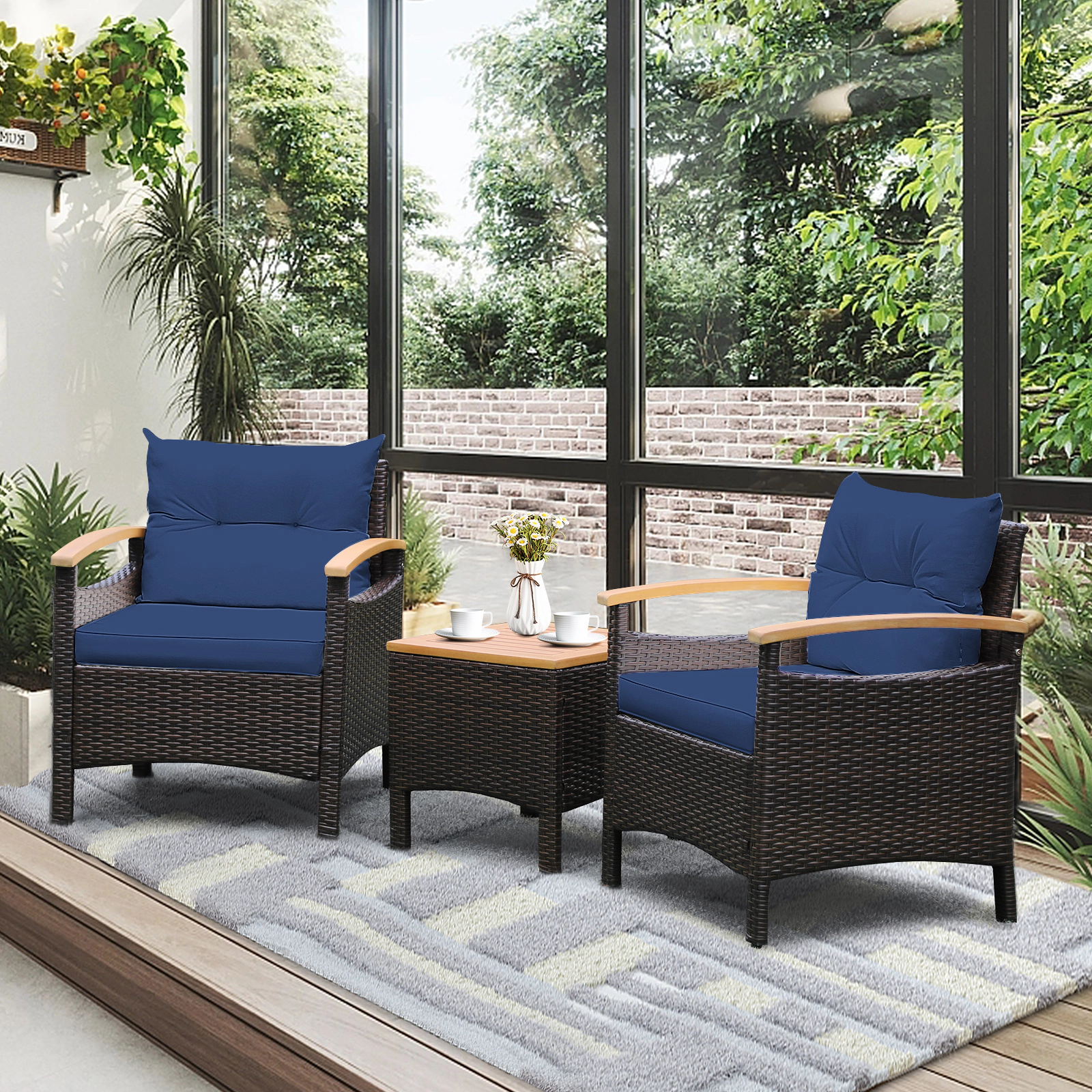 LJG 3 Pieces Patio Rattan Furniture Set with Removable Cushion
