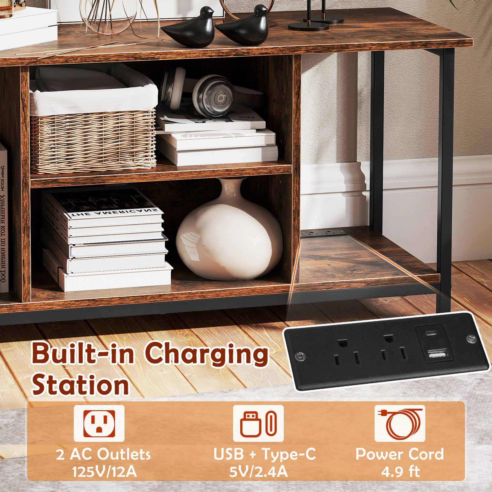 SUGIFT TV Stand Entertainment Center with Power Outlets 100-lb Top Capacity for TVs up to 50 Inches Rustic Brown & Black