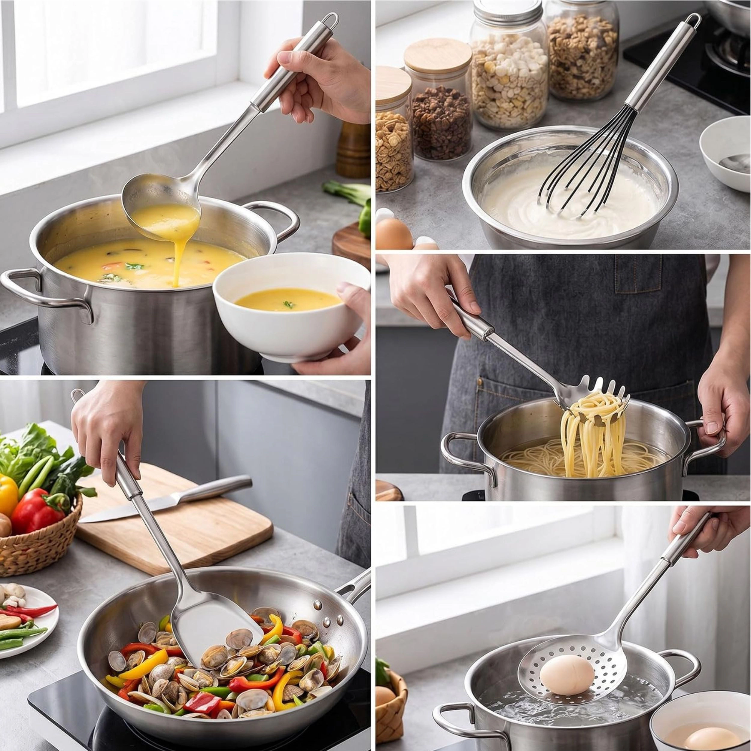 Stock Preferred Stainless Steel Cooking Utensils Set with Long Handles Kitchen Tools Pack of 6