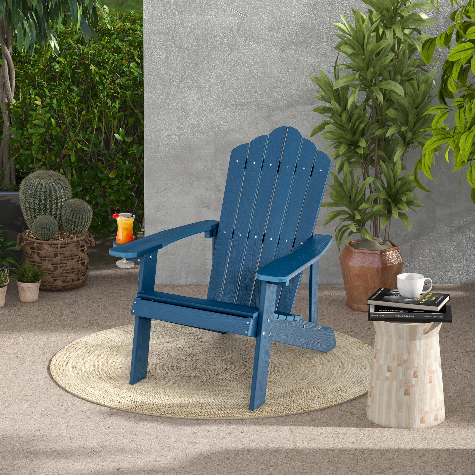SUGIFT Weather Resistant HIPS Outdoor Adirondack Chair Navy with Rotatable Cup Holder