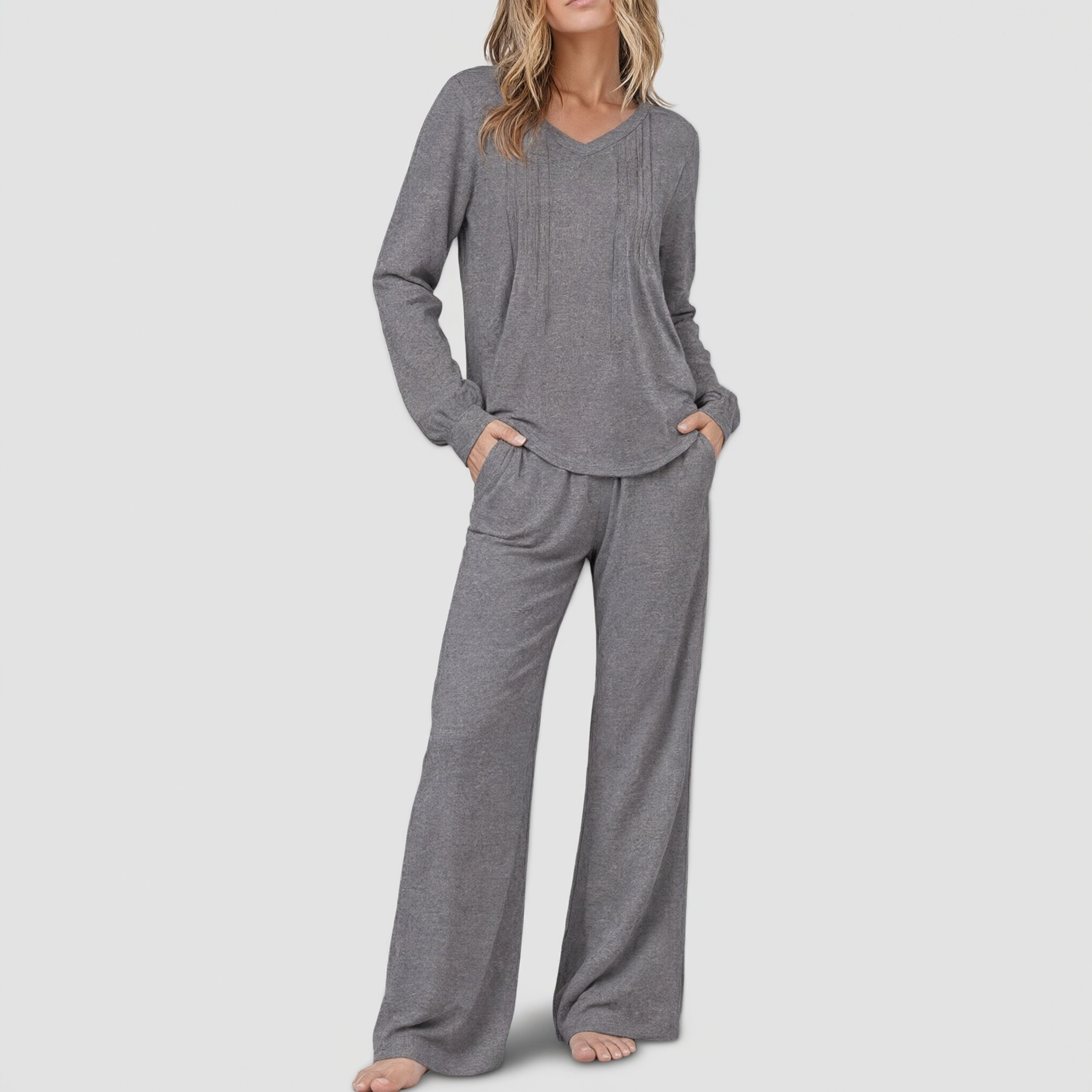 Ekouaer Womens Pajama Set Long Sleeve Sleepwear Nightwear V Neck Pajamas Lounge Sets with Pockets