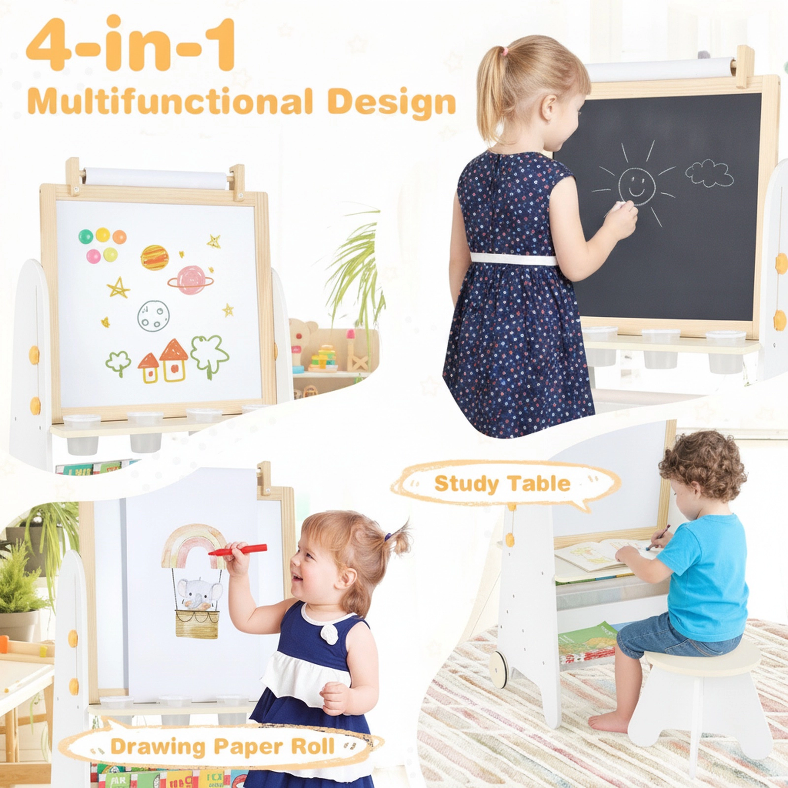 4-in-1 Toddler Art Easel and Activity Table Set with Stool Magnetic Whiteboard Chalkboard 10-ft Paper Roll Natural