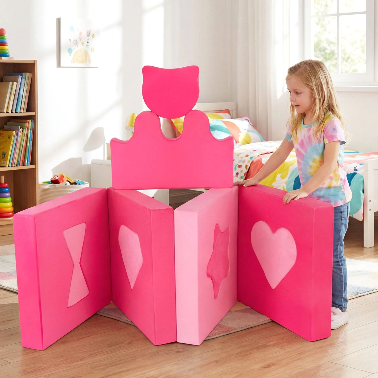 SUGIFT 14-Piece Kids Modular Foam Play Couch, Climbing Blocks, Soft Pink