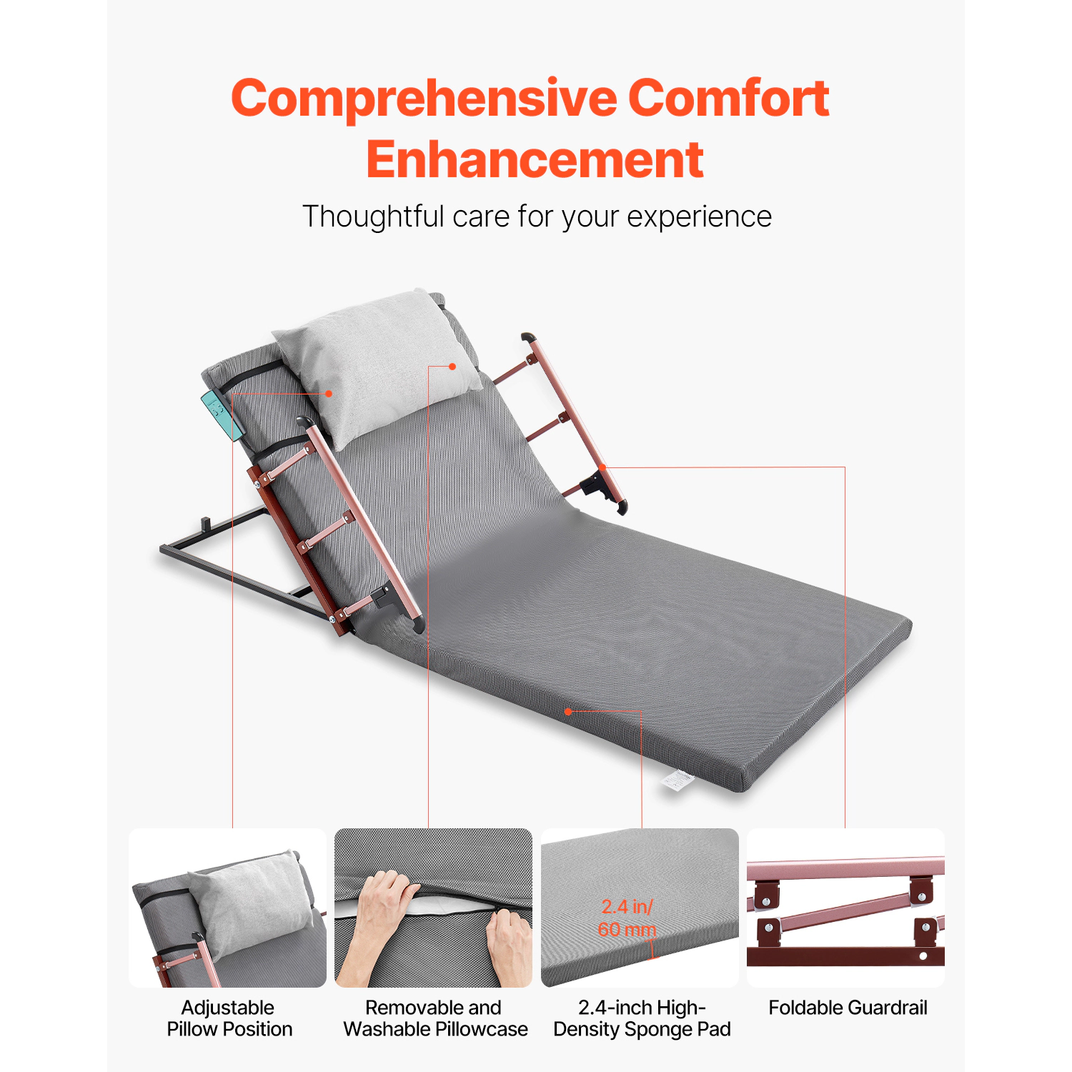 HONGGE Electric Lifting Backrest for Bed, 300 lbs Capacity, 4-68° Adjustable Lifting Bed Backrest, with Guardrail