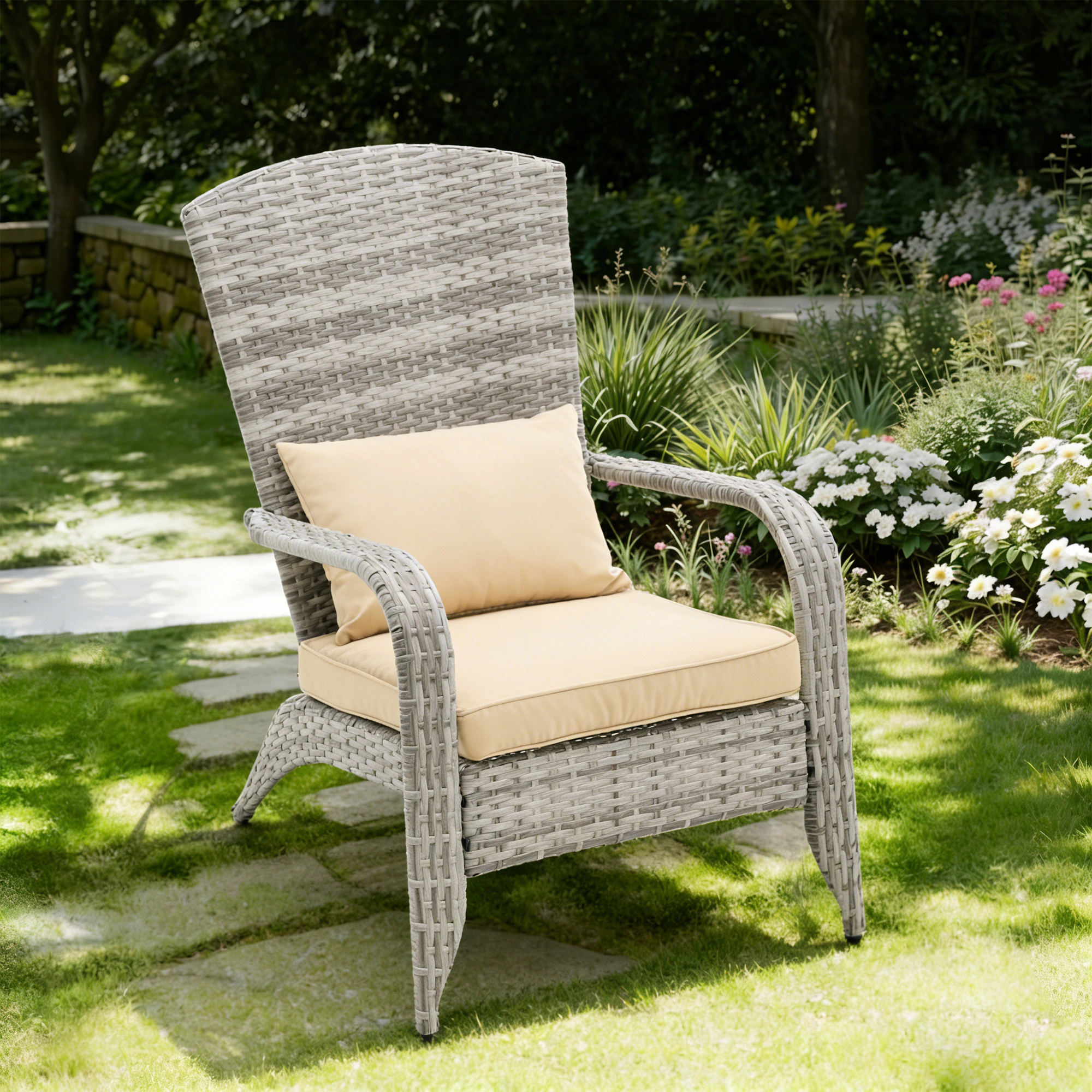 Unikome Outdoor Patio Rattan Frog Chair, Wide Seat Folding Lounge Chair with Padded Cushion