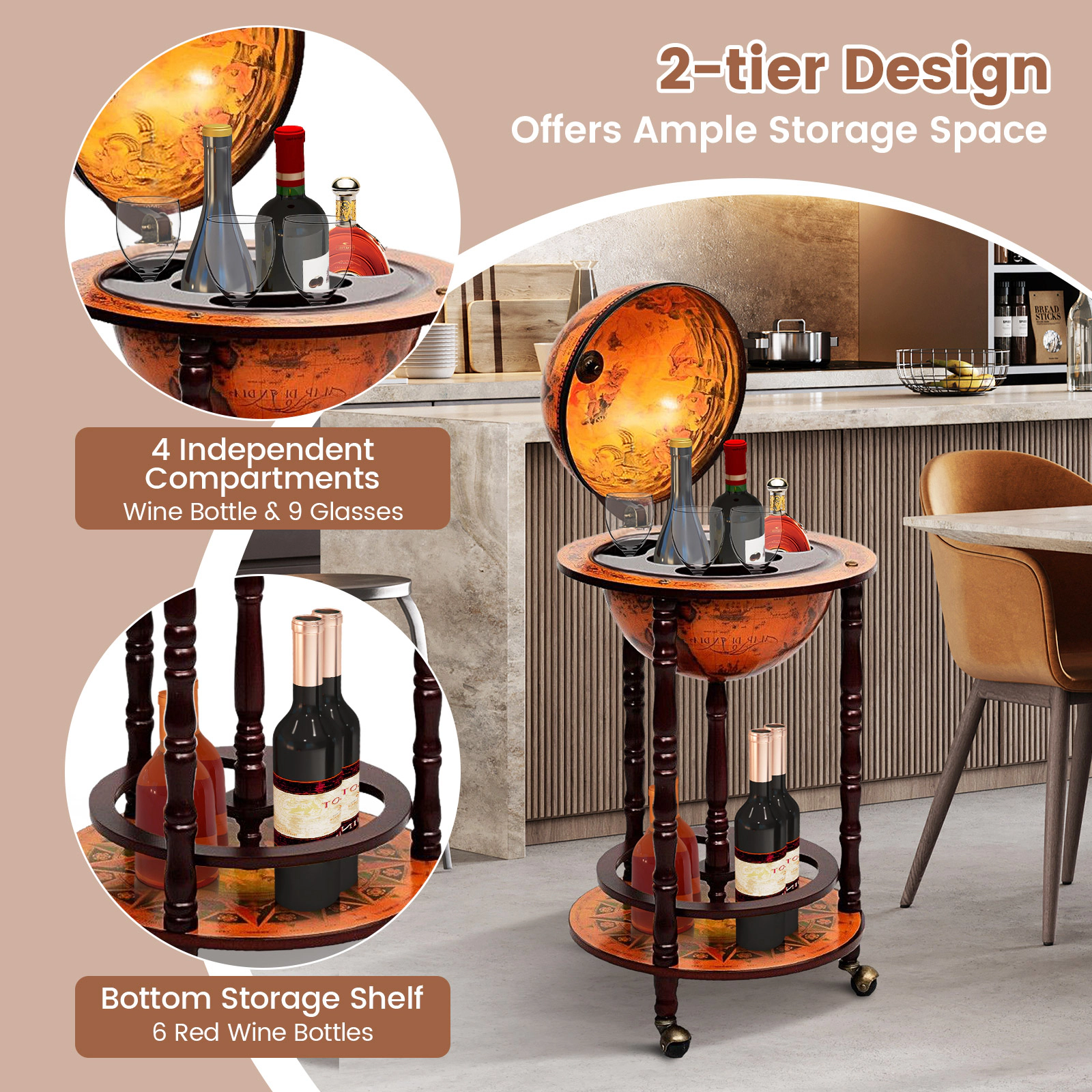 SUGIFT 16th Century Wood Plastic Globe Wine Bar Stand 36-in Tall 17-in Wide Wood Plastic Single Piece