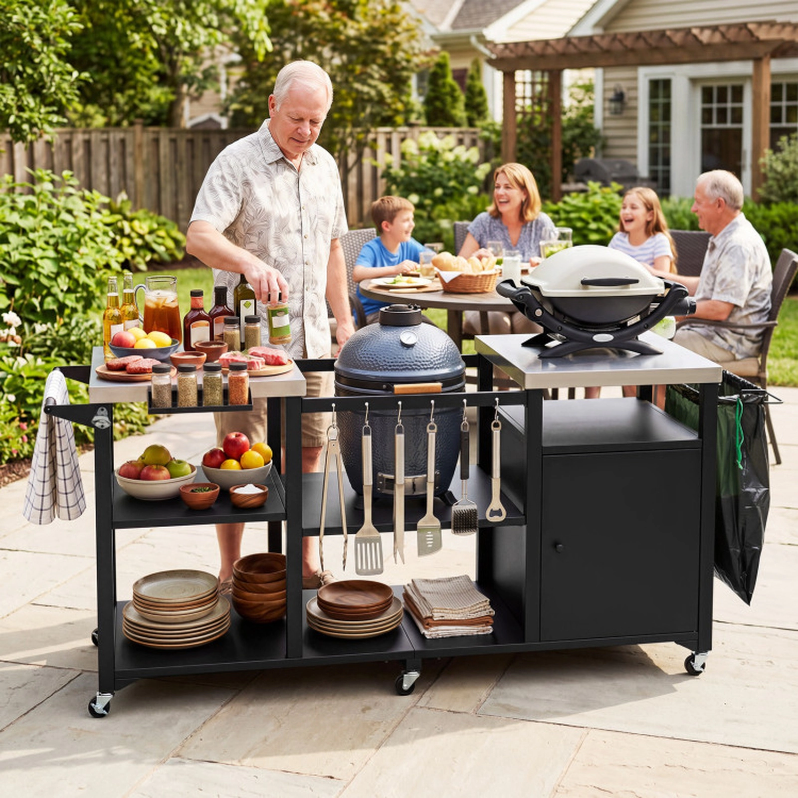 SUGIFT 180-lb Shelf Capacity 77-in Black Outdoor Grill Cart with Stainless Tops Cabinet and 6 Hooks