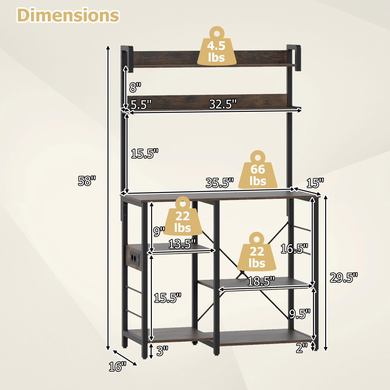 SUGIFT 5-Tier Kitchen Bakers Rack Shelving Unit with Power Outlet 66-lb Countertop Capacity Rustic Brown/ Black