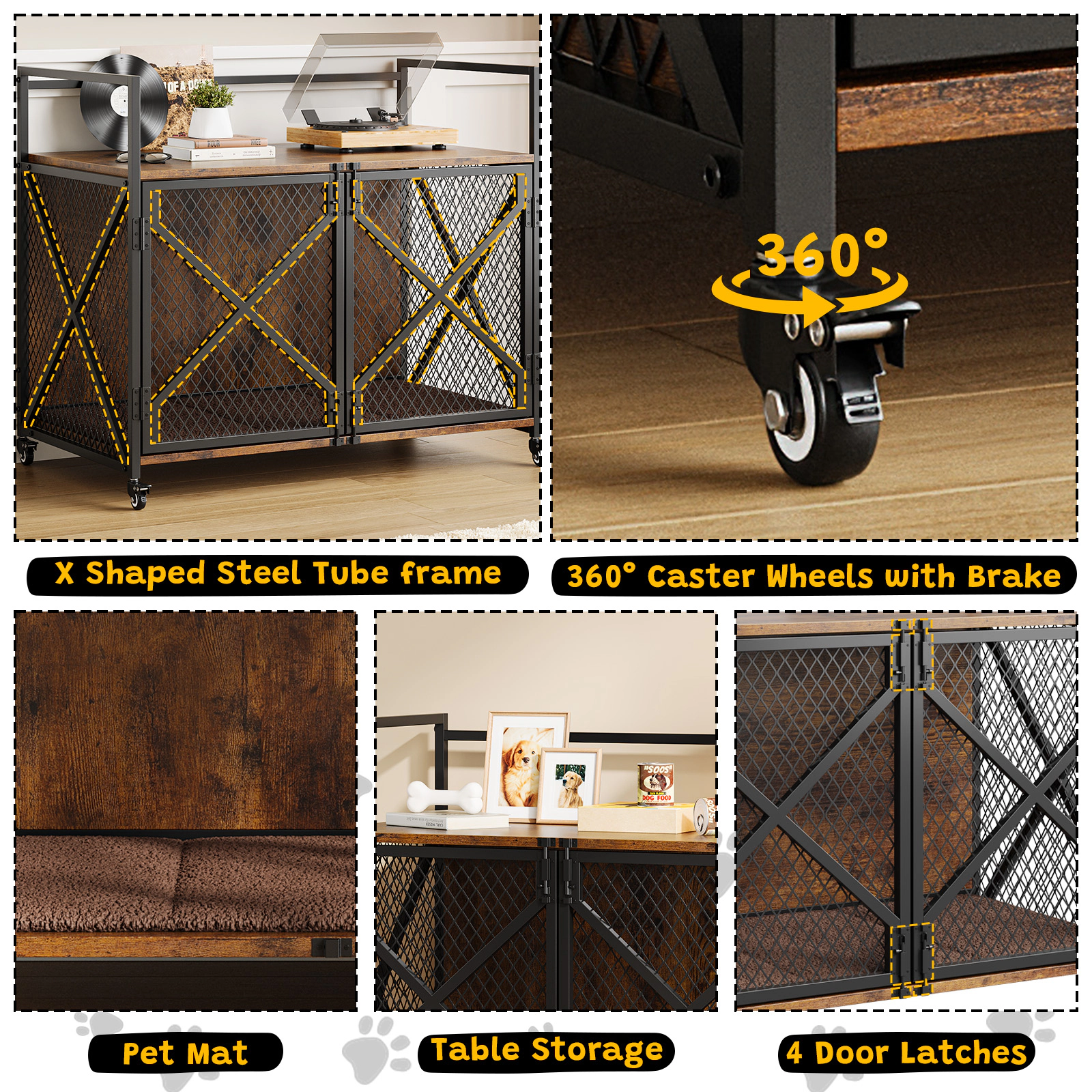 Farmhouse Style Dog Crate Furniture with 360° Wheels & 4 Latches, Heavy Duty End Table for Living Room, Rustic Brown