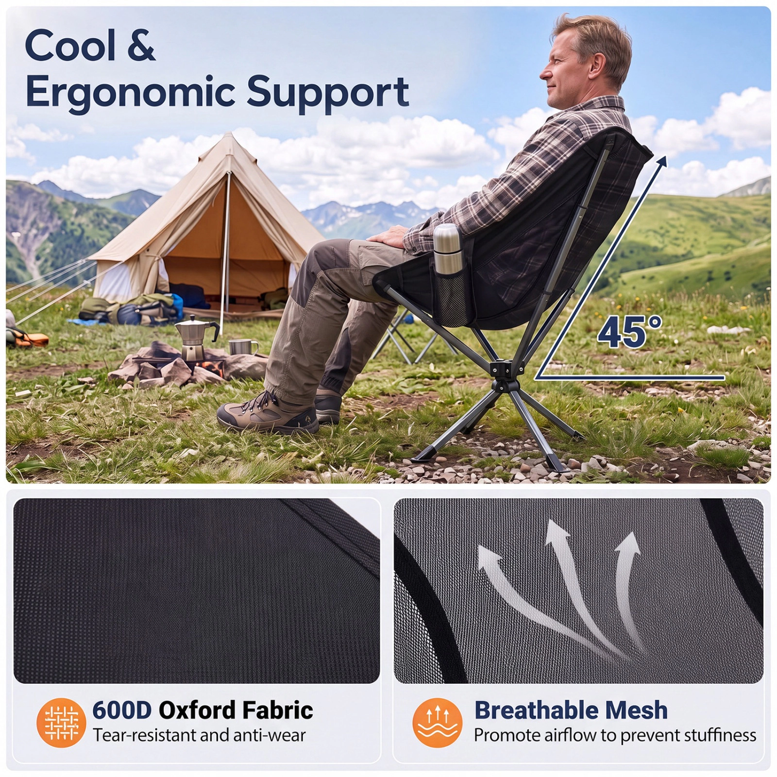 SUGIFT Black 360-Degree Swivel Folding Camping Chair with Aluminum Frame 25-in W 25.5-in D 330-lb Seat Capacity