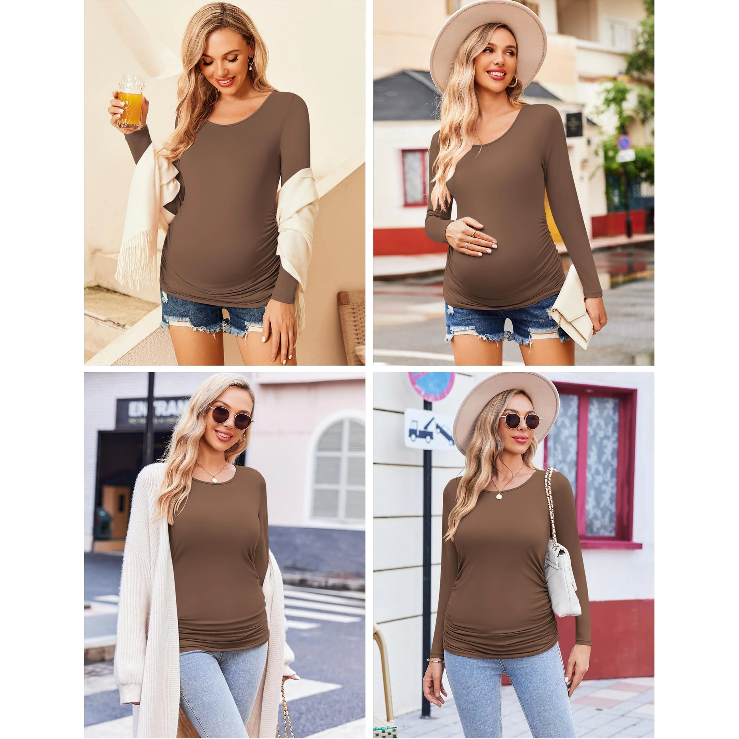 Ekouaer Women's Side Ruched Crew Neck Long Sleeve Maternity T-Shirt