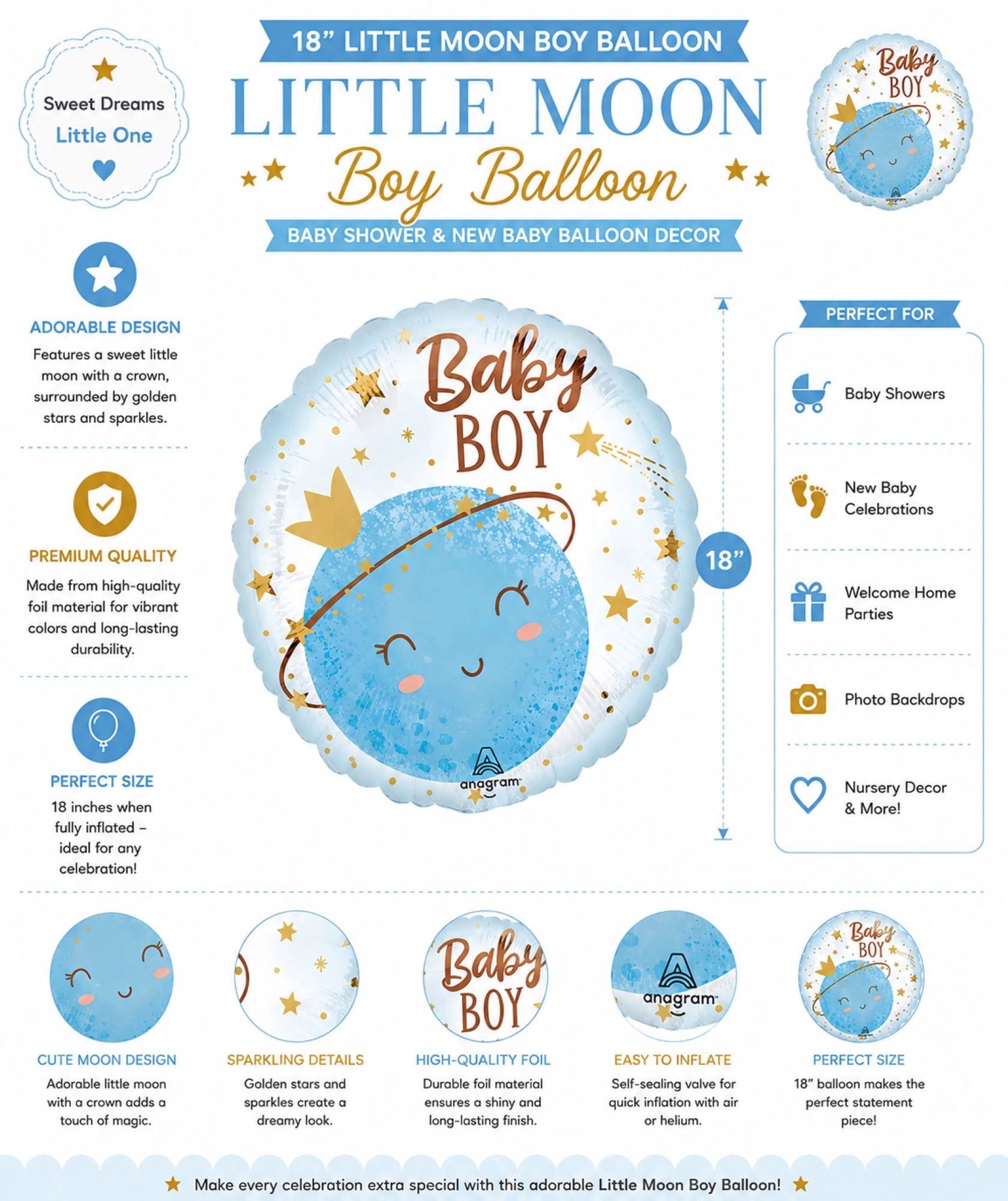 LoonBalloon Little Moon Boy 18 in Foil Balloon