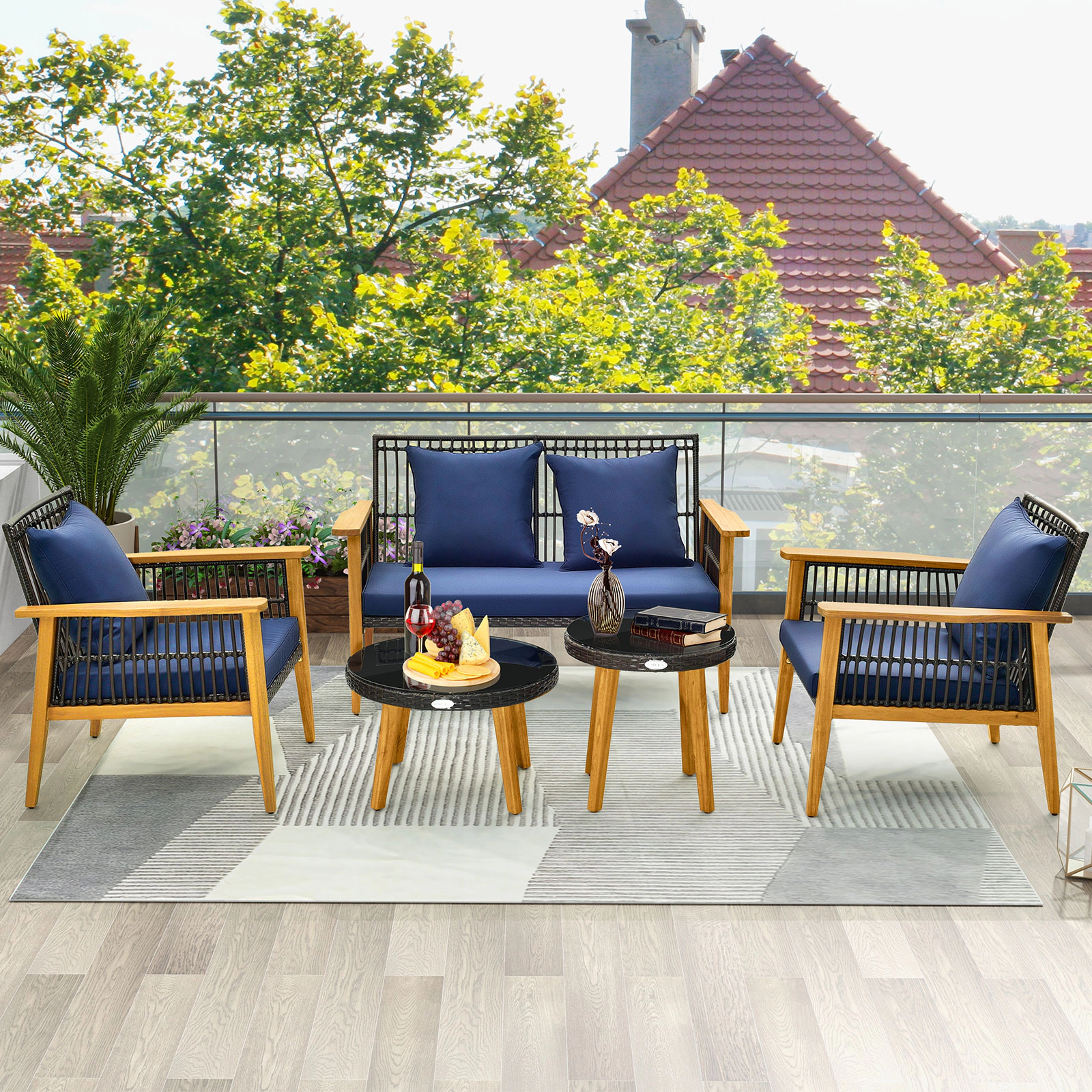 LJG 5 Piece Outdoor Conversation Set with 2 Coffee Tables for Backyard Poolside