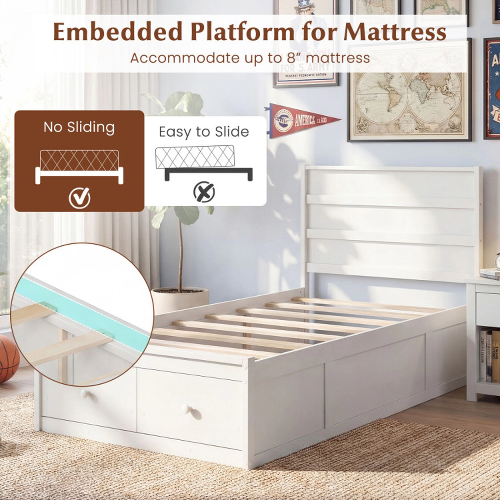 SUGIFT 2 Storage Drawers and Panel Headboard Twin Size Wooden Bed Frame
