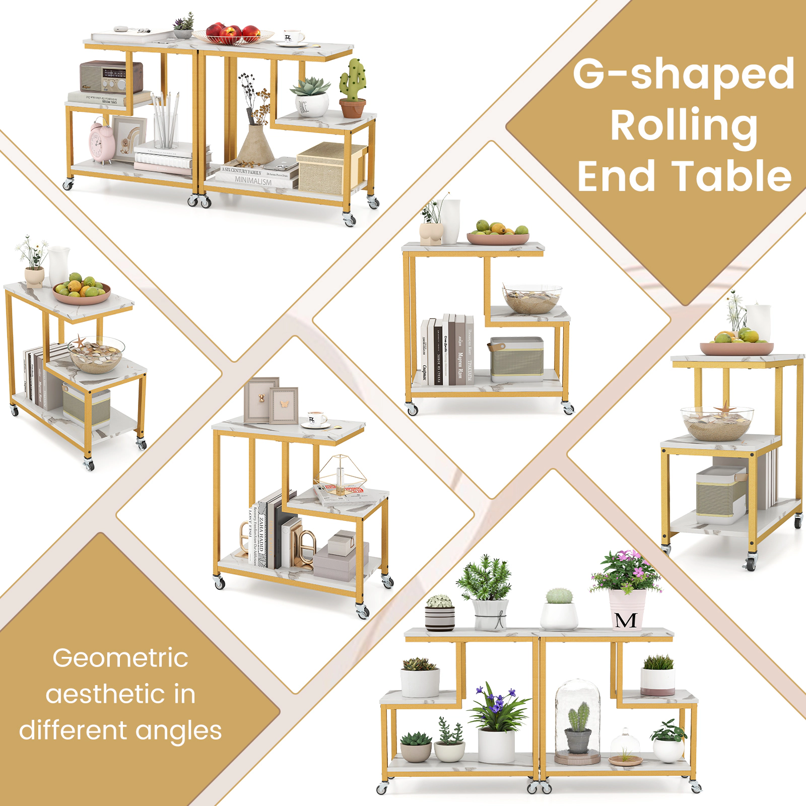 SUGIFT Gold 24-in 3-Tier Rolling Plant Stand and Side Table with Locking Wheels