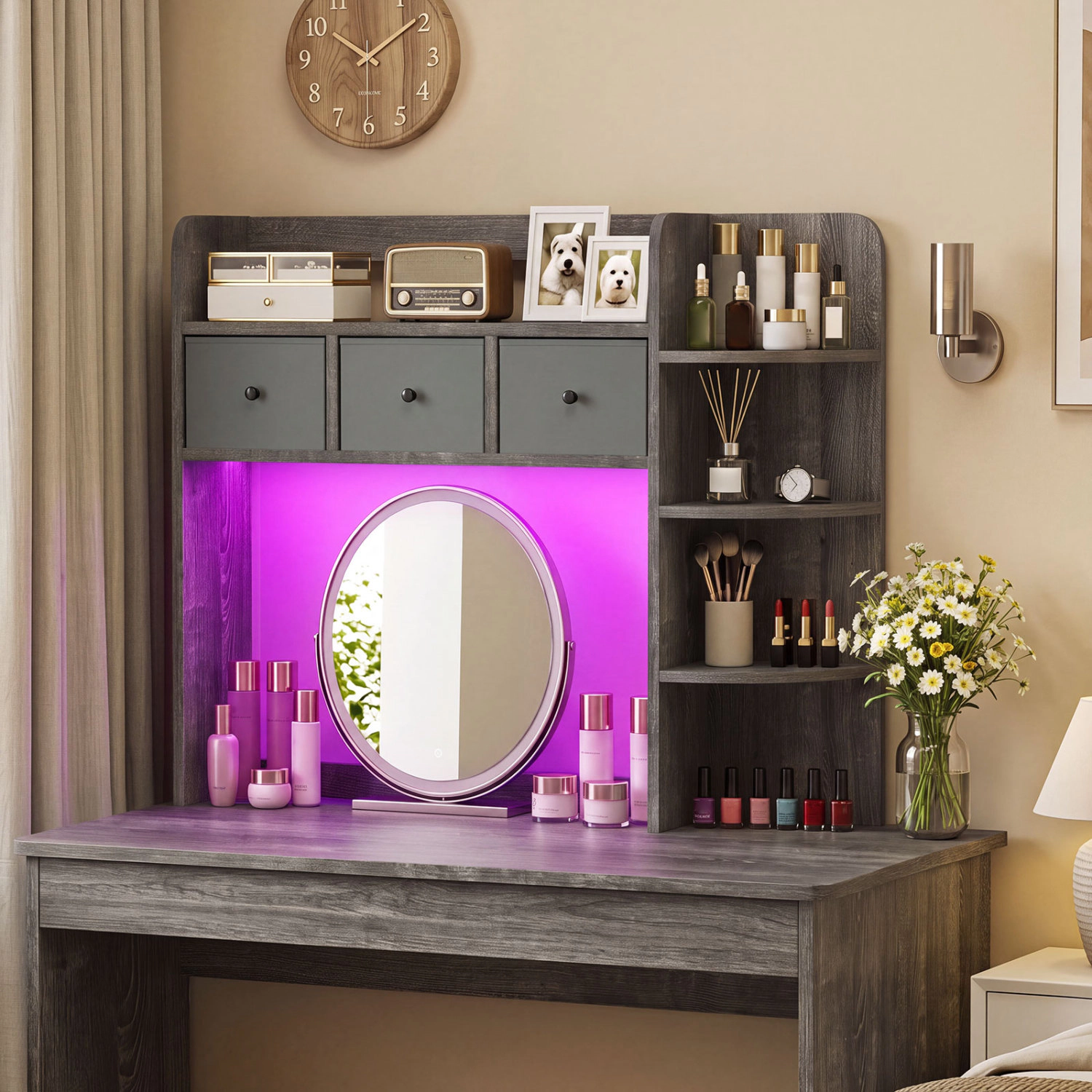 LJG Desktop Bookshelf with LED Lights 5-Tier Shelves and 3 Drawers for Home Officce