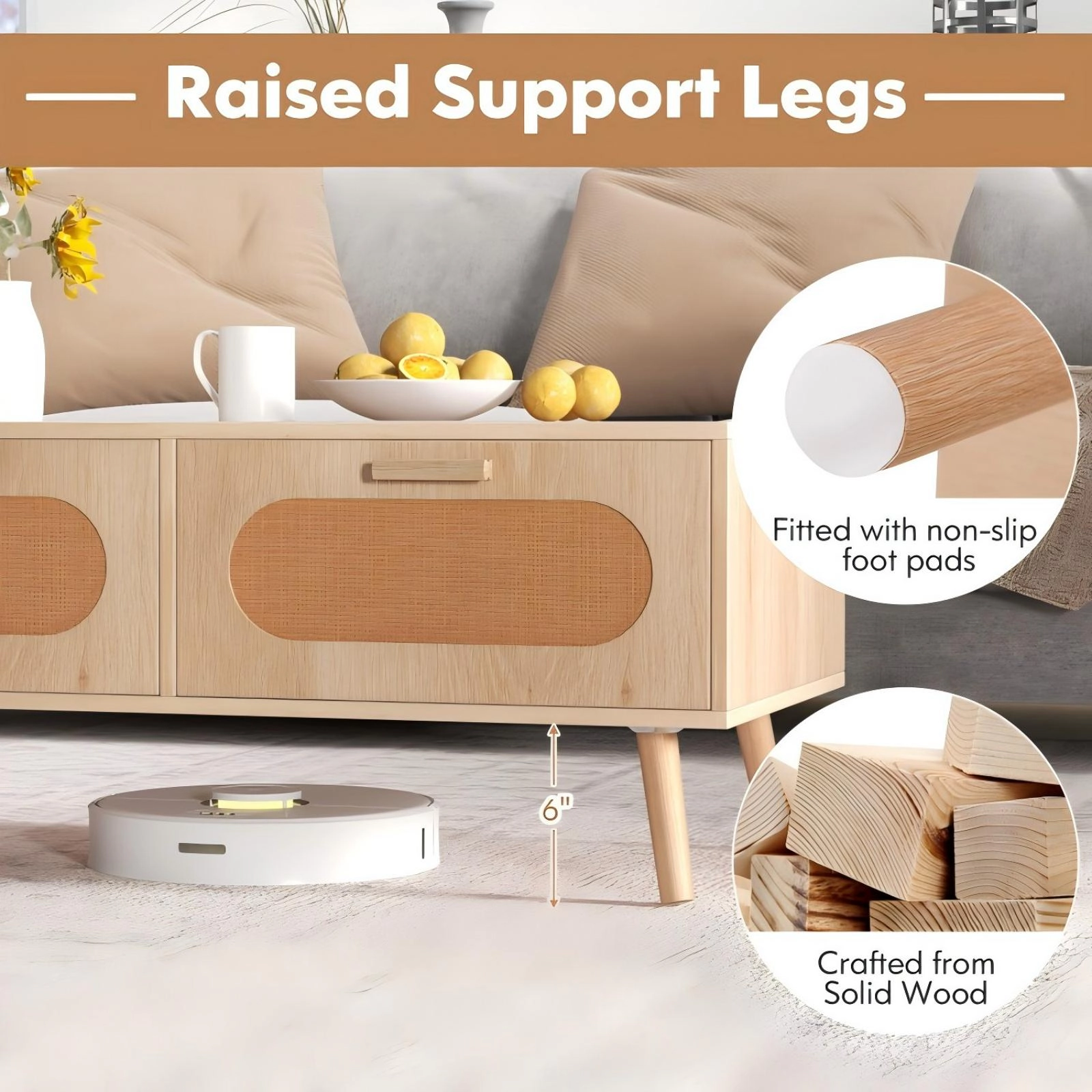 SUGIFT Rattan Coffee Table Mid Century Modern Center Table with 2 Storage Drawers 132-lb Tabletop Capacity Natural