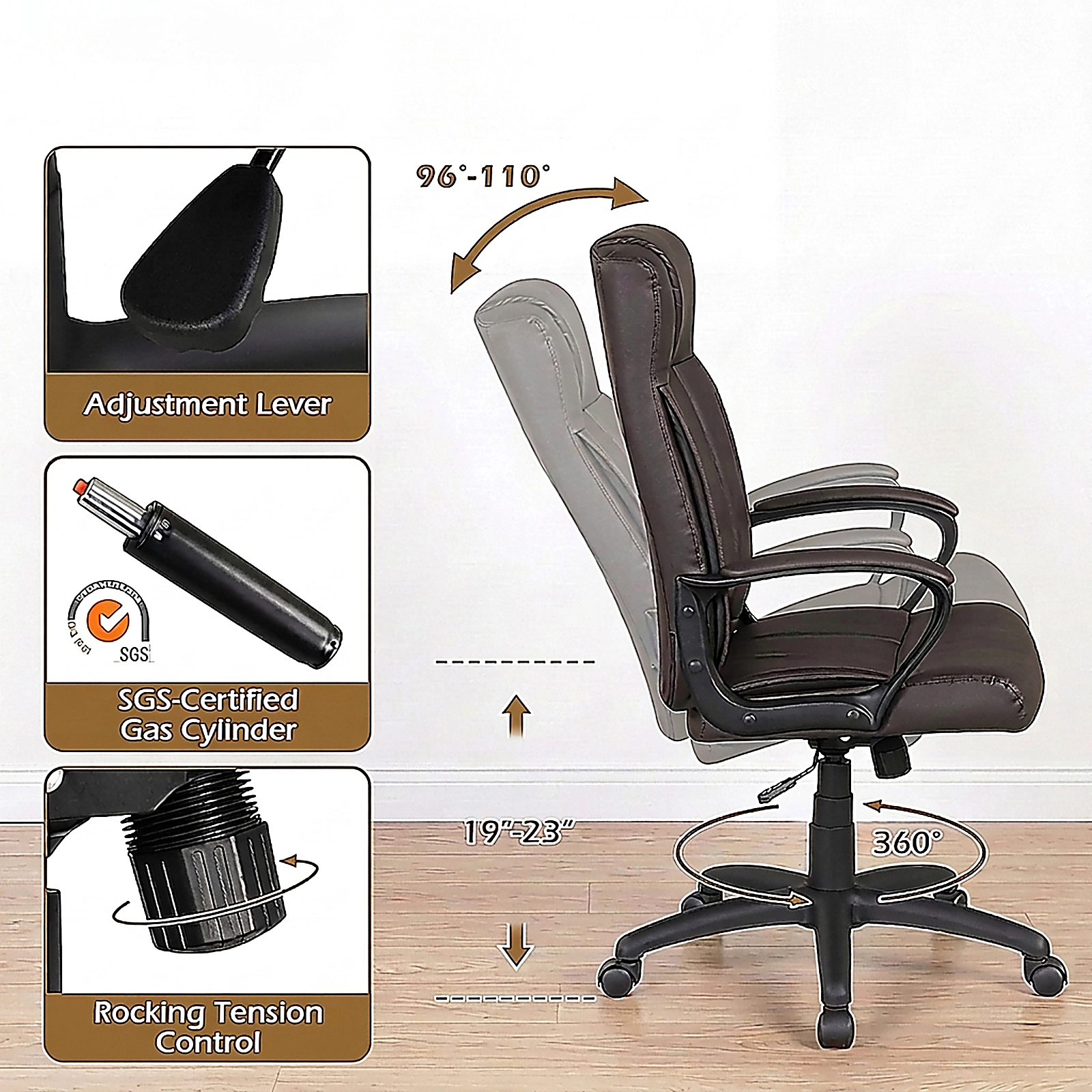 SUGIFT Ergonomic Faux Leather Office Chair with Rocking Function 275-Lb Capacity Brown