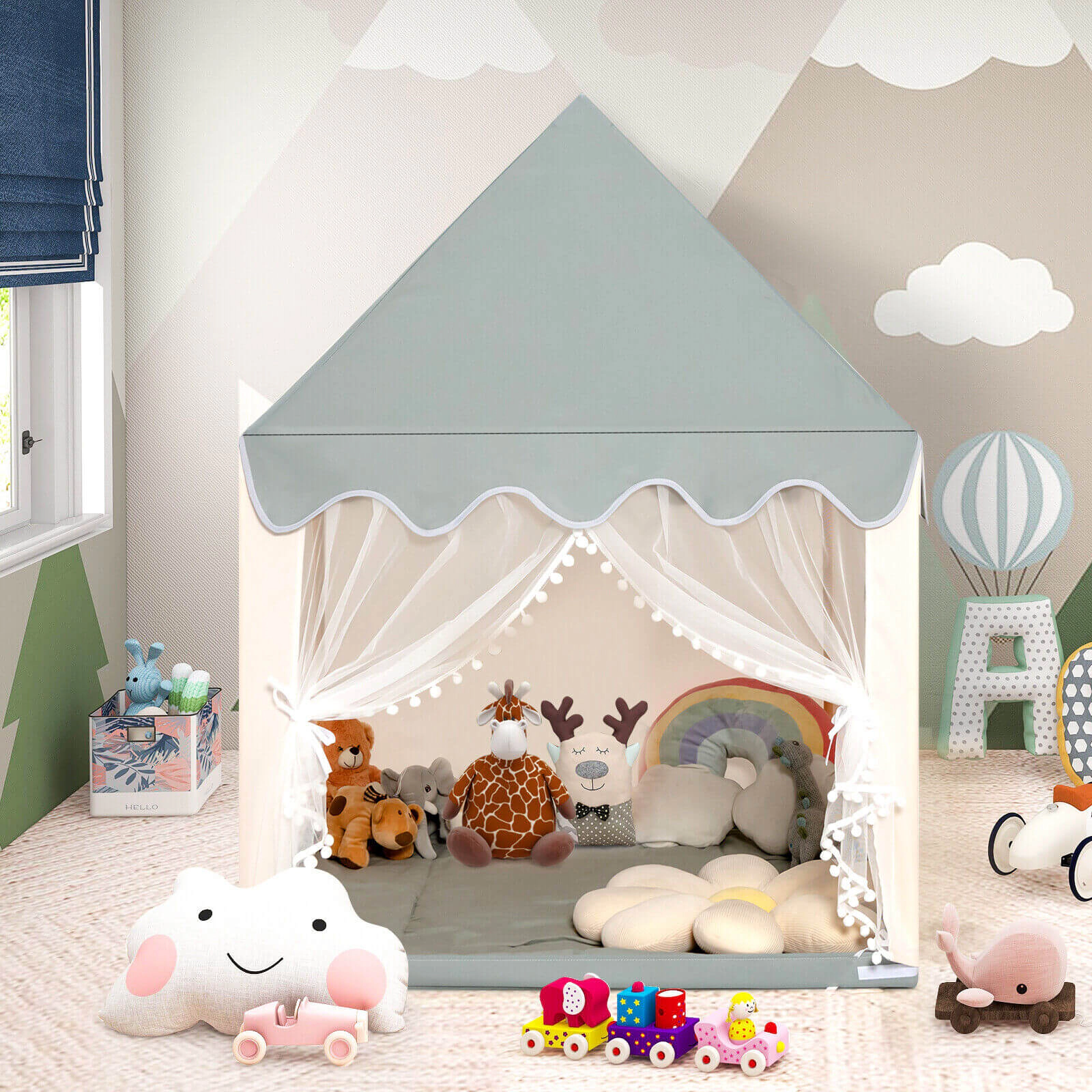 SUGIFT Large Play Castle Fairy Tent with Mat Solid Wood Frame 55-in Tall Indoor Outdoor Play Tent Beige