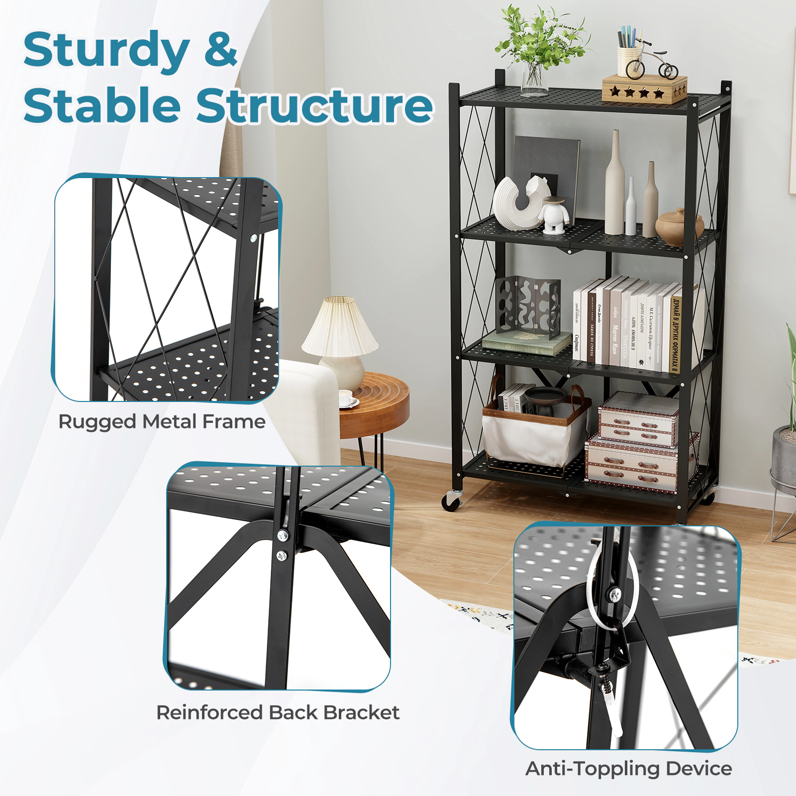 SUGIFT Black 4-Tier Foldable Storage Rack with Lockable Wheels and Pre-Assembled Frame