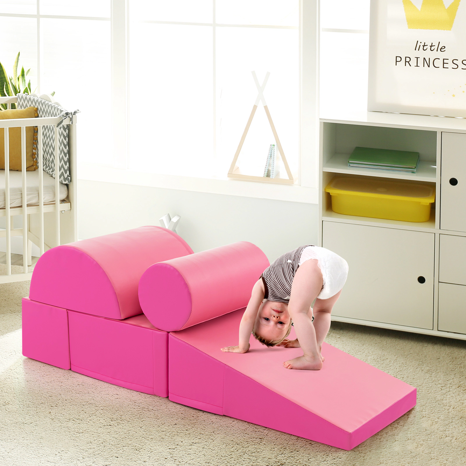 5-Piece Kids Climb and Crawl Activity Playset Foam Blocks Soft Play Set Removable Zippered PU Covers Pink