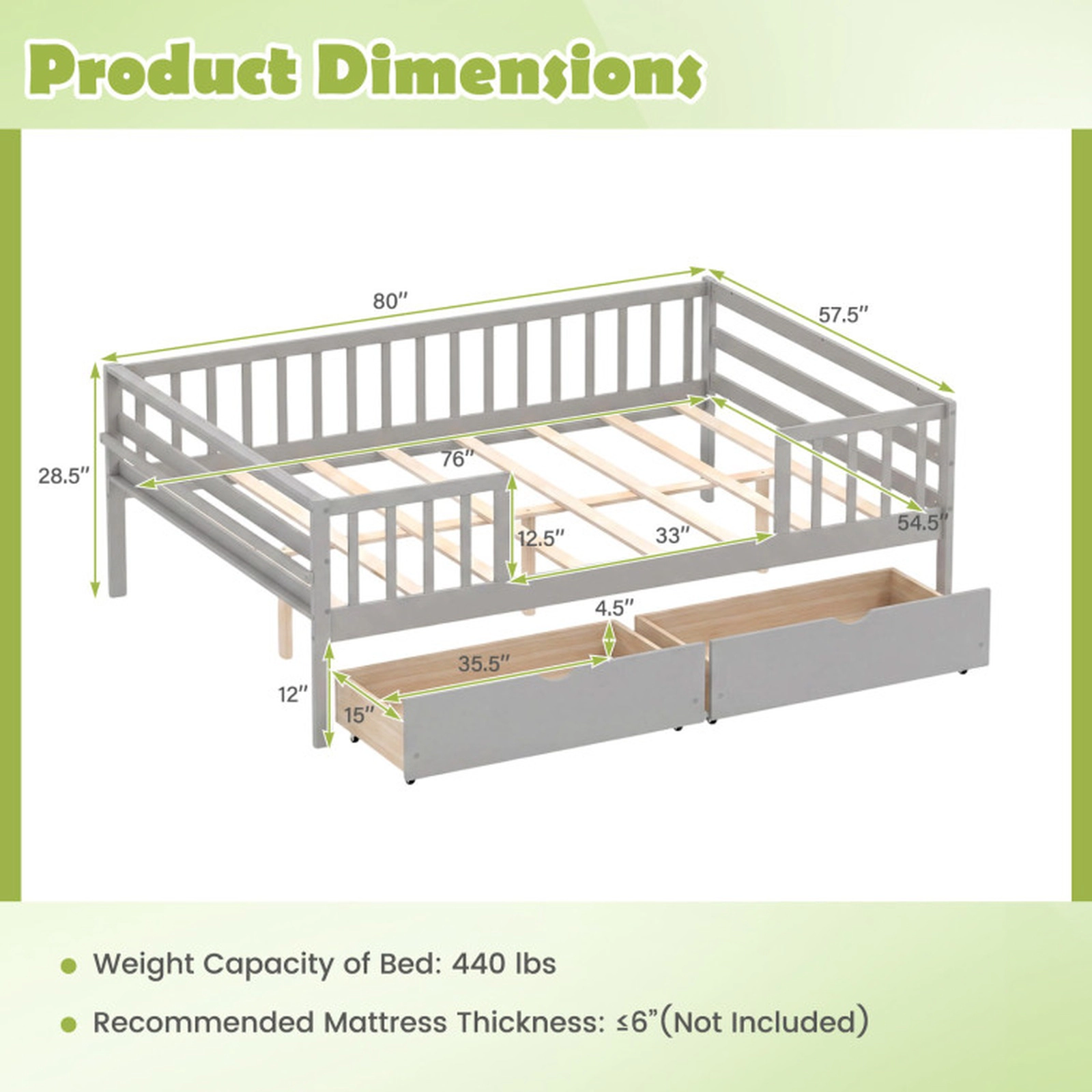 SUGIFT Gray Full-Length Fence and 2 Rolling Storage Drawers Full Size Kids Daybed