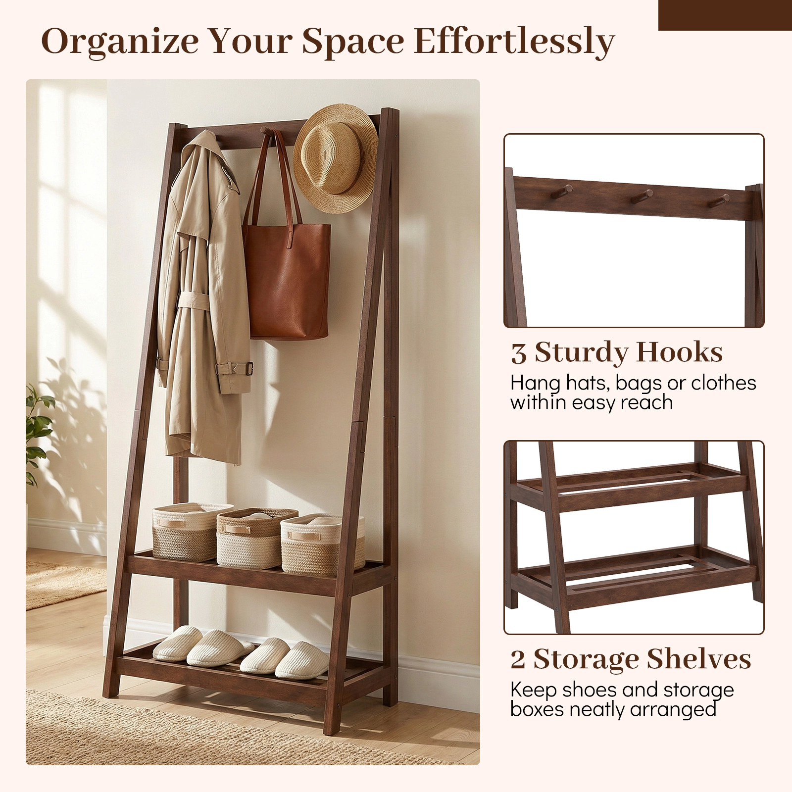 Glintex Solid Rubber Wood Coat Rack with A-Shaped Frame and 2 Storage Shelves, Walnut