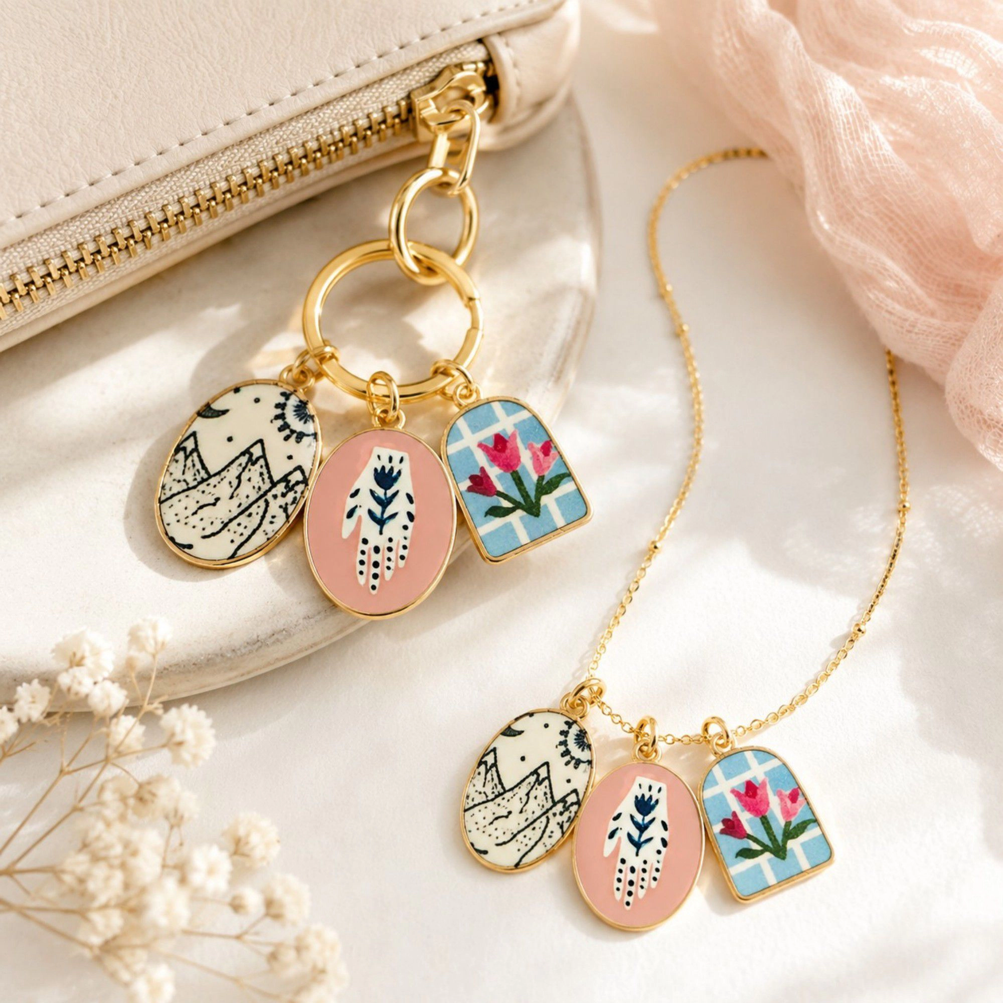 Alilang Women's 3pc Scenic Artwork Keychain Bag Charm Set with Gold Tone Trim for Bags and Keys