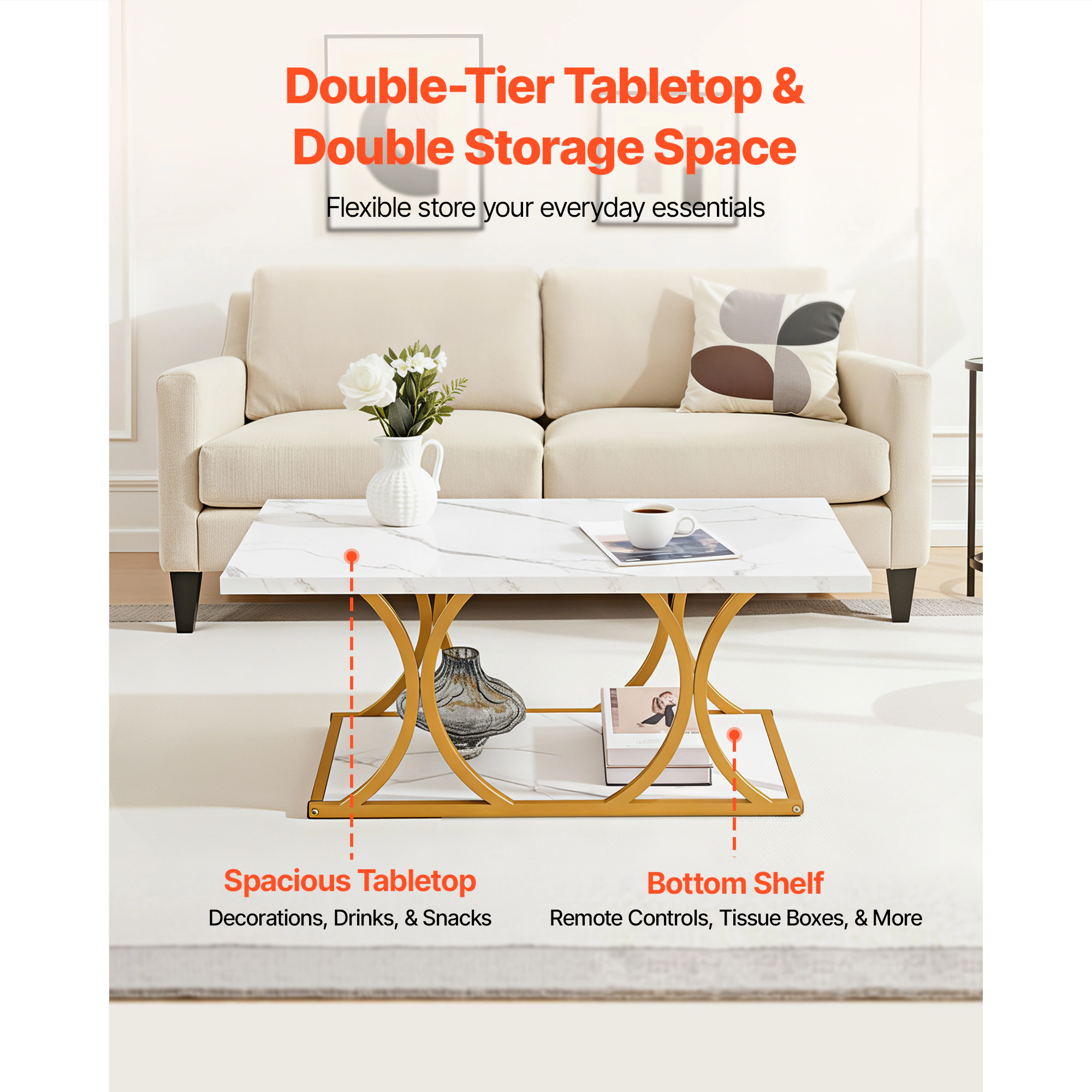 HONGGE Coffee Table Modern Faux Marble Coffee Table 2-Tier Rectangle Center Desk with Geometric Legs Minimalist Sturdy