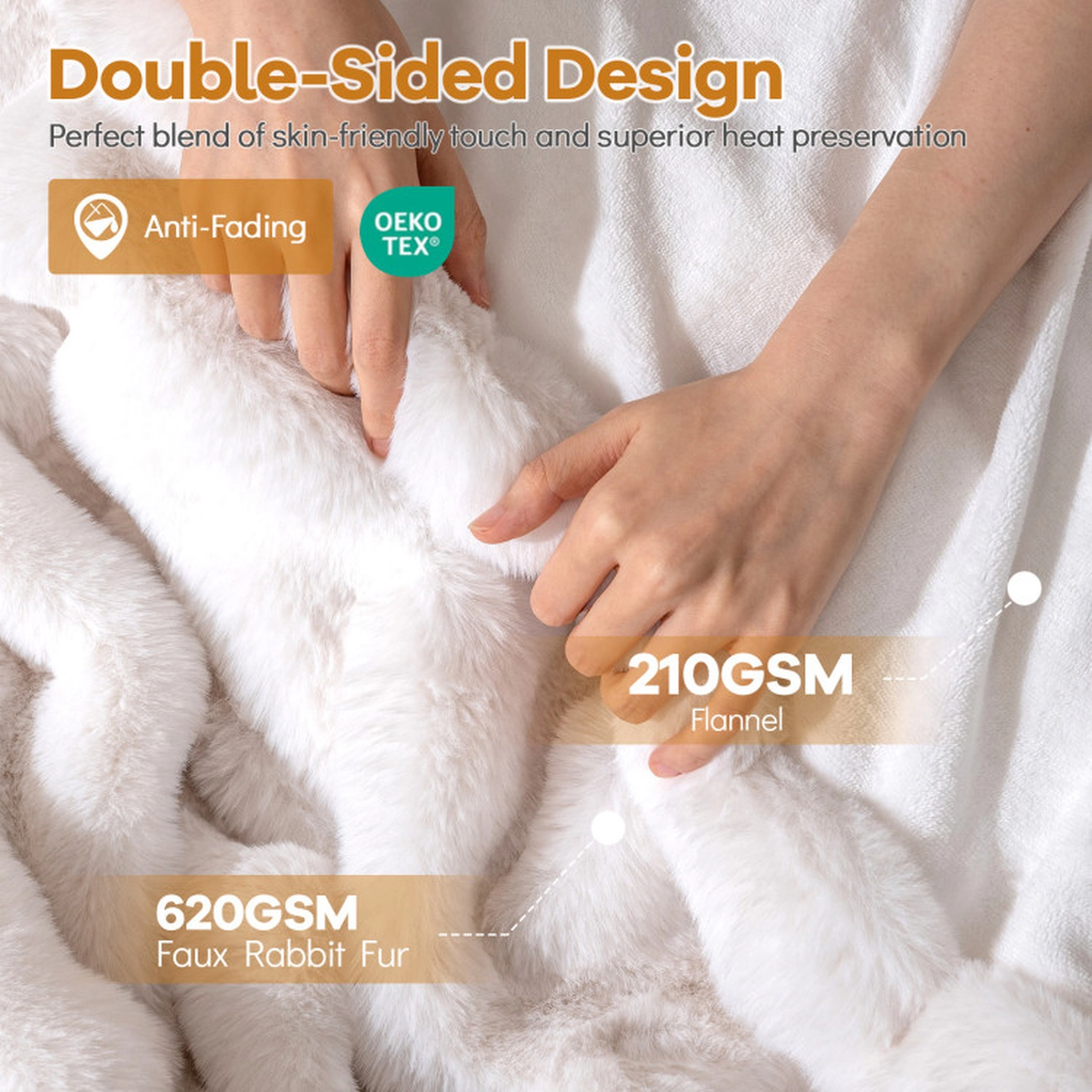 SUGIFT White 60-in by 80-in 620-GSM Double-Sided Faux Rabbit Fur Bubble Throw Blanket with Flannel Reverse