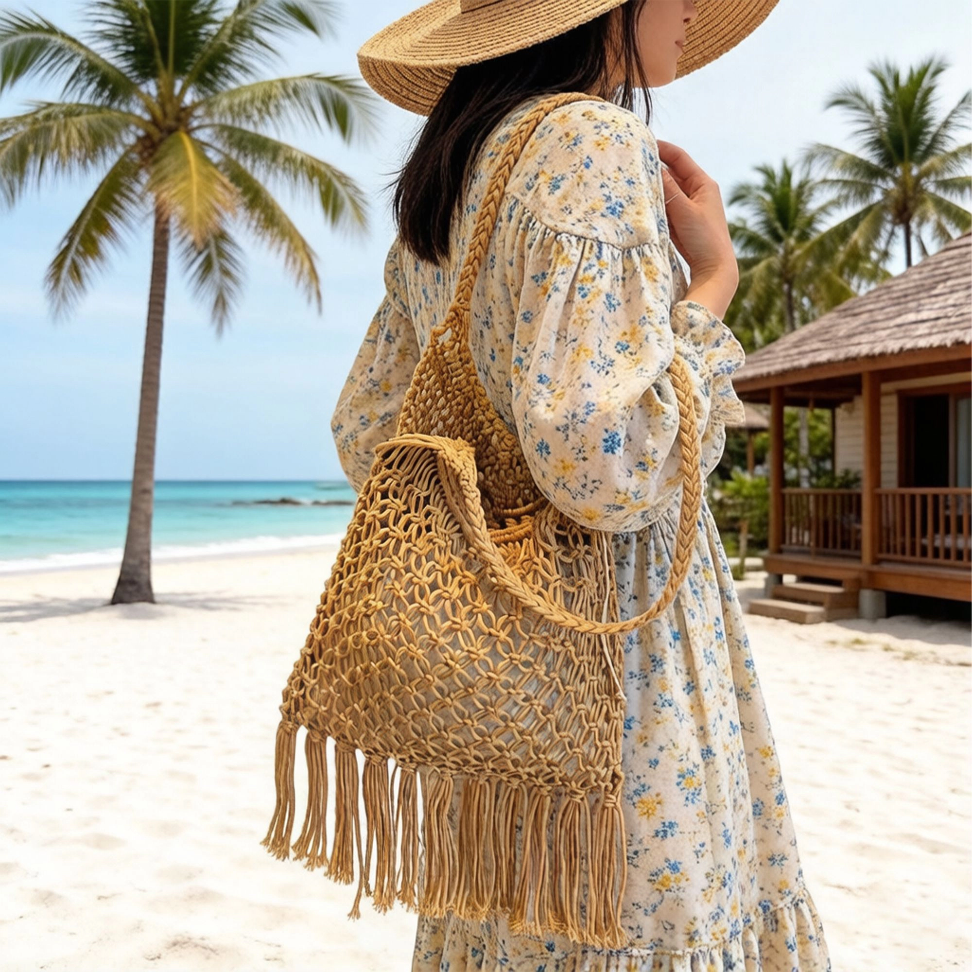 Alilang Women's Crochet Fringe Shoulder Bag Open Knit Boho Tassel Handbag Lightweight Woven Crossbody Tote