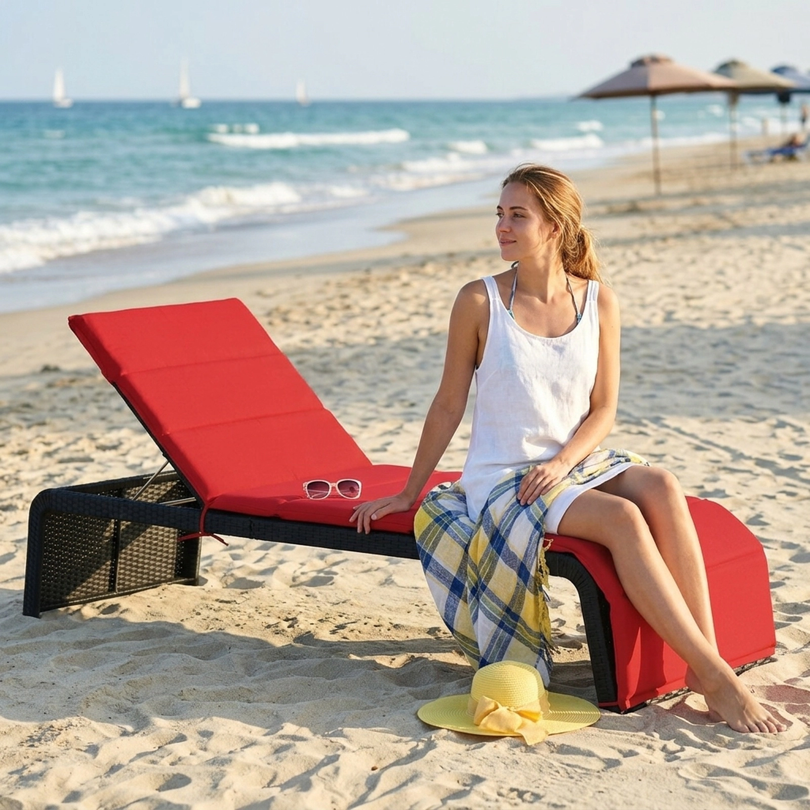SUGIFT Red Patio Rattan Lounge Chair, 5-Position Reclining Backrest, Washable Cushion