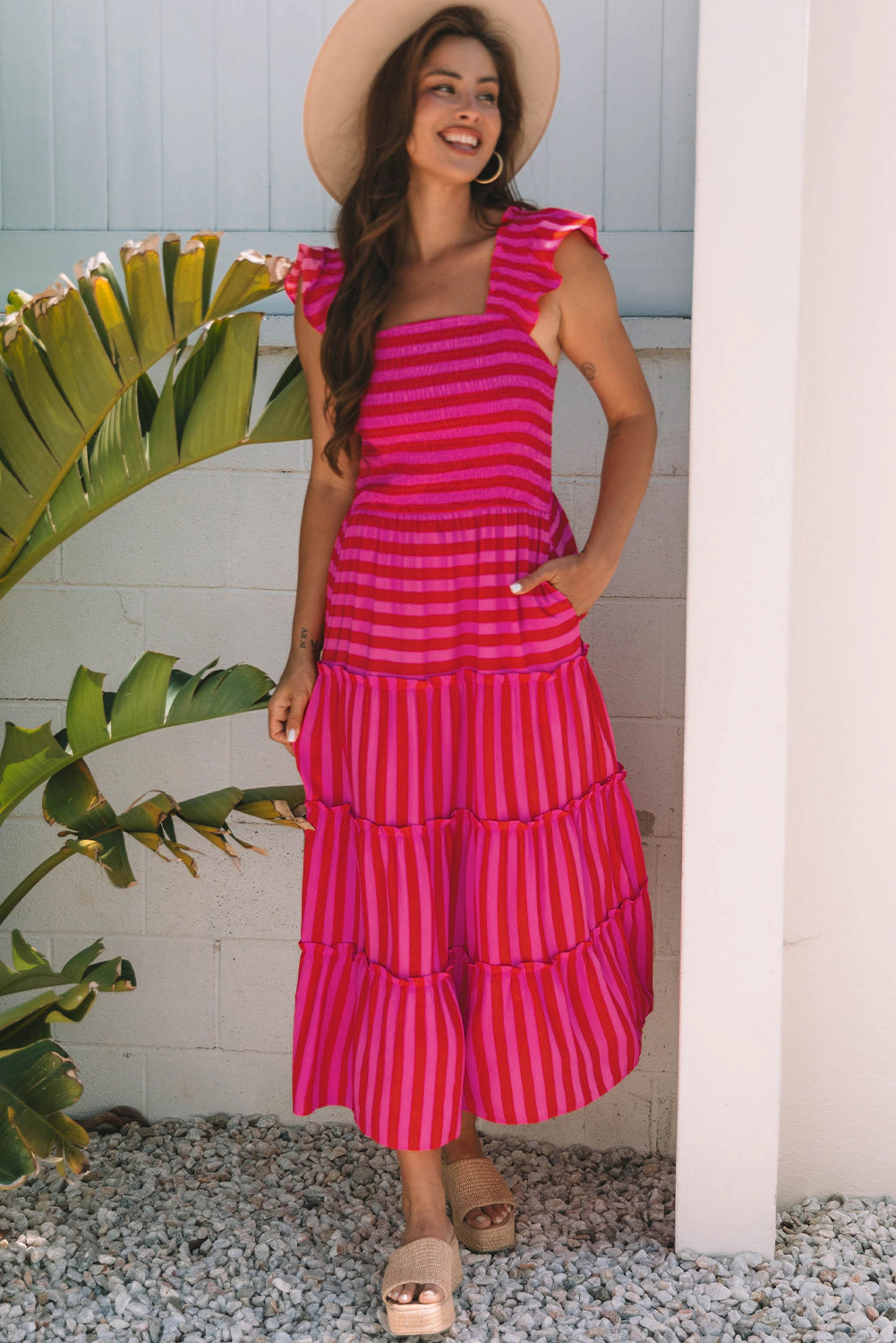 Threaded Pear Women's Arisbeth Stripe Flutter Sleeve Maxi Dress