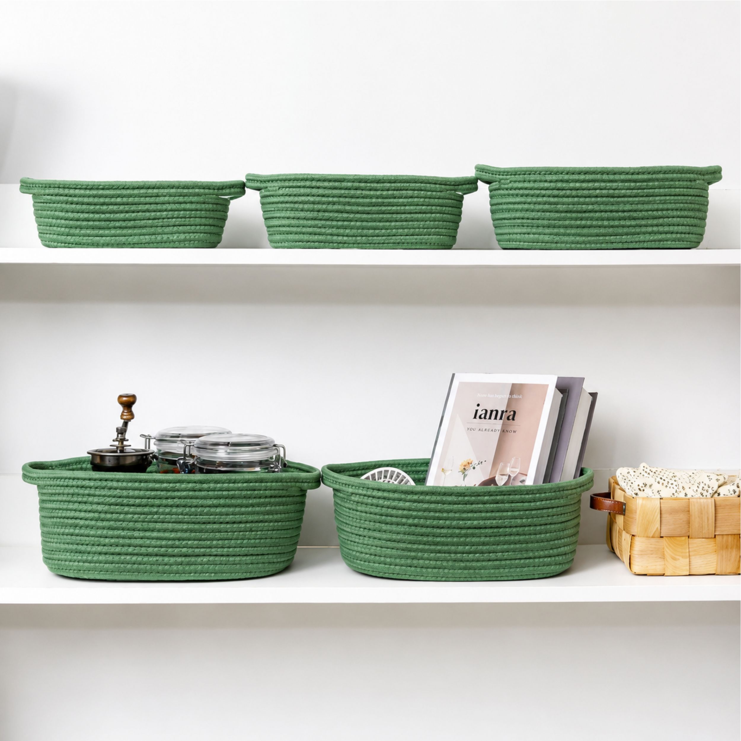 Stock Preferred Pack of 5 Cotton Rope Storage Baskets with Handles for Shelves and Countertops