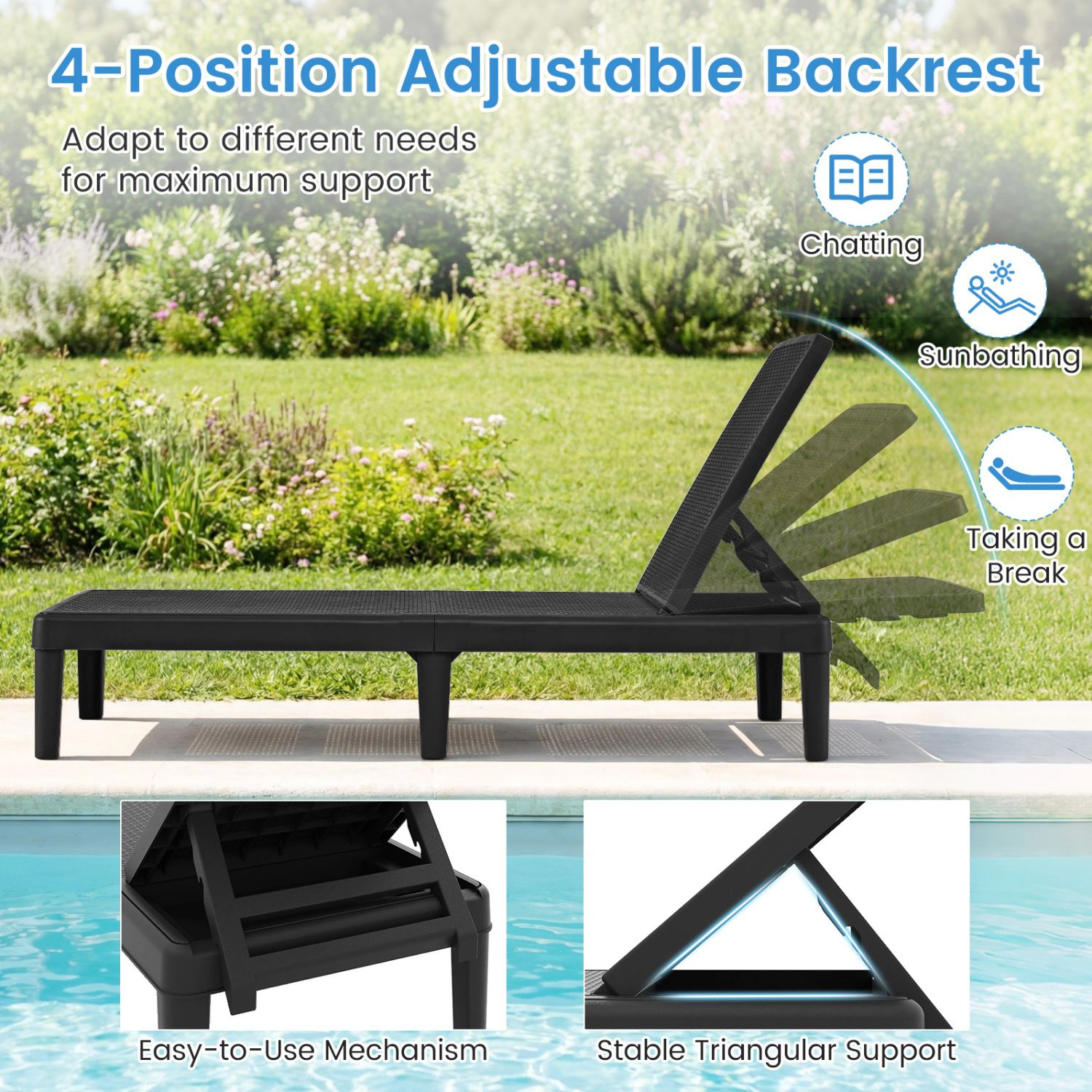SlickBlue Adjustable Outdoor Chaise Lounge Chair for Patio Poolside