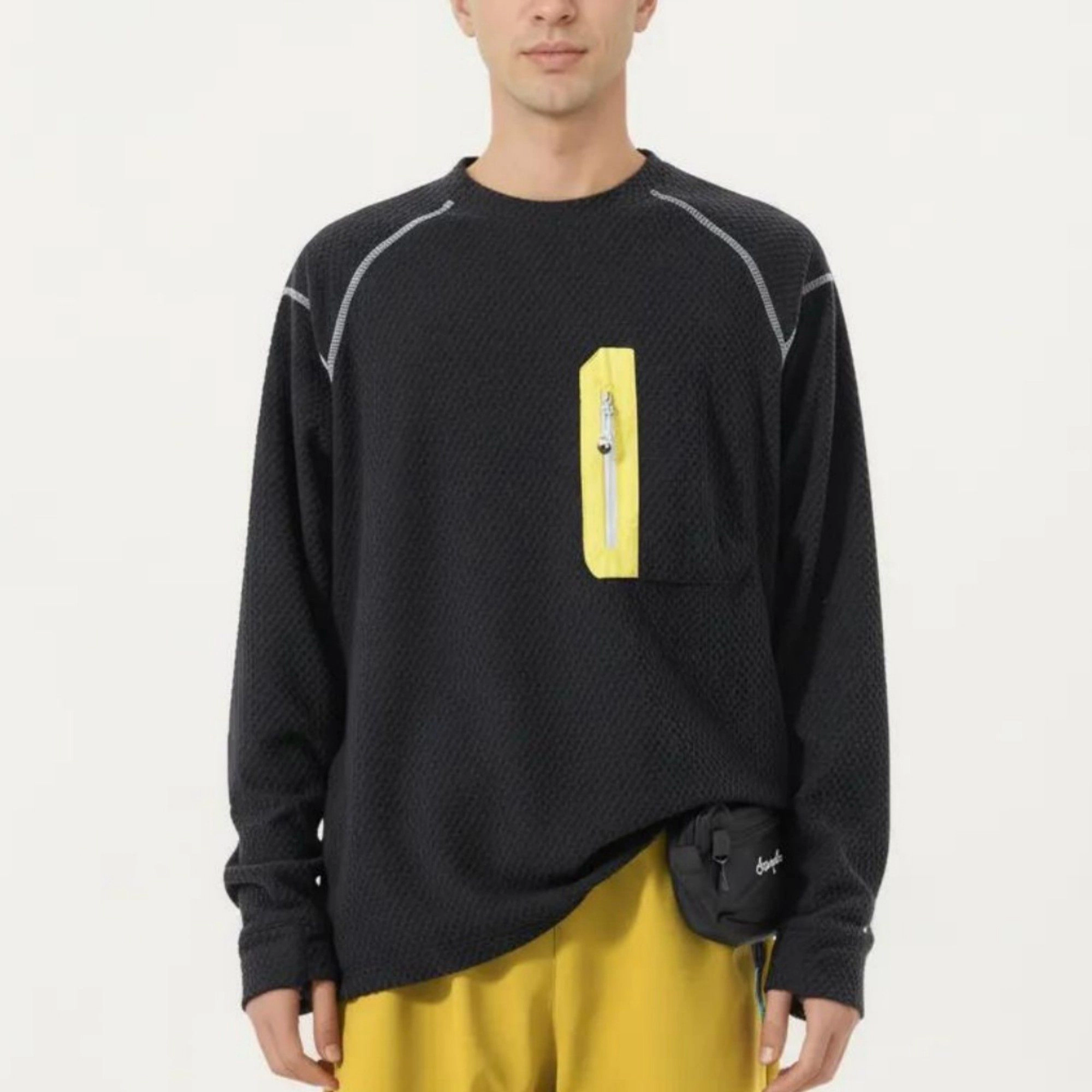 Anna-Kaci Men's Long Sleeve Crew Neck Pullover Top with Textured Knit Fabric and Zipper Chest Pocket