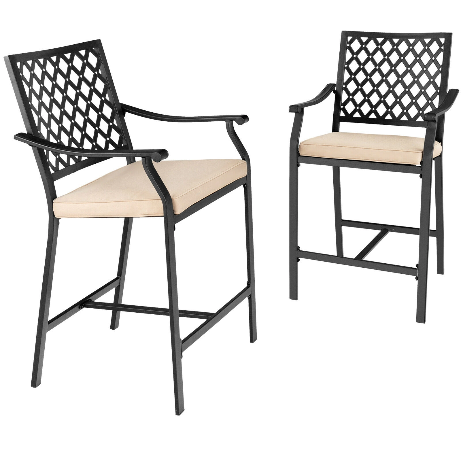 SUGIFT 2-Piece Outdoor Patio Bar Stool Set with Cushions and Armrests 330-lb Capacity 43-in Height Black Beige