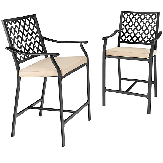 LJG 2 Pieces Patio Bar Stool with Height Cushion and Armrest